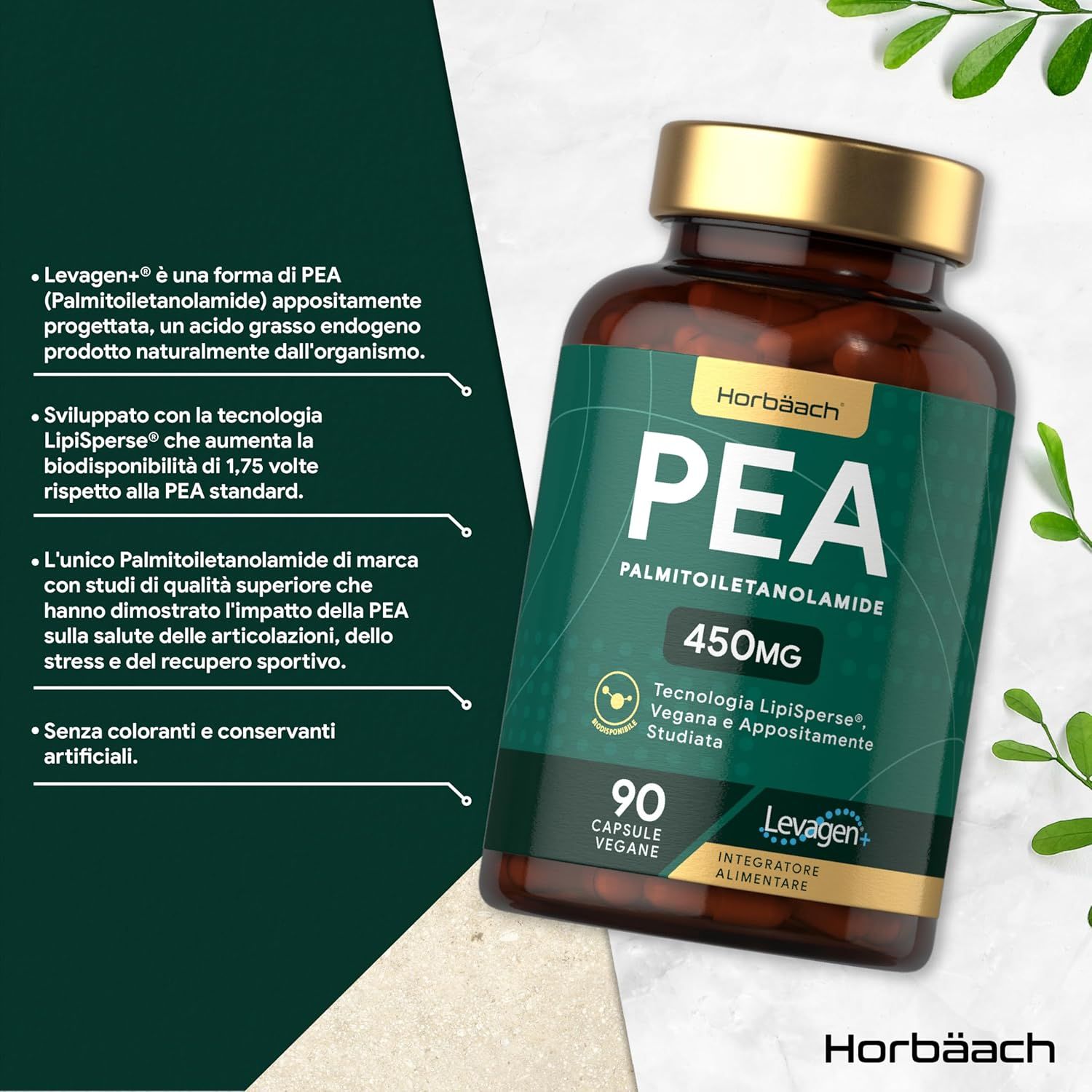 Flacone marrone, etichetta verde. PEA 450mg, 90 capsule vegane. Testo sulla tecnologia LipiSperse. Marchio Horbaach.