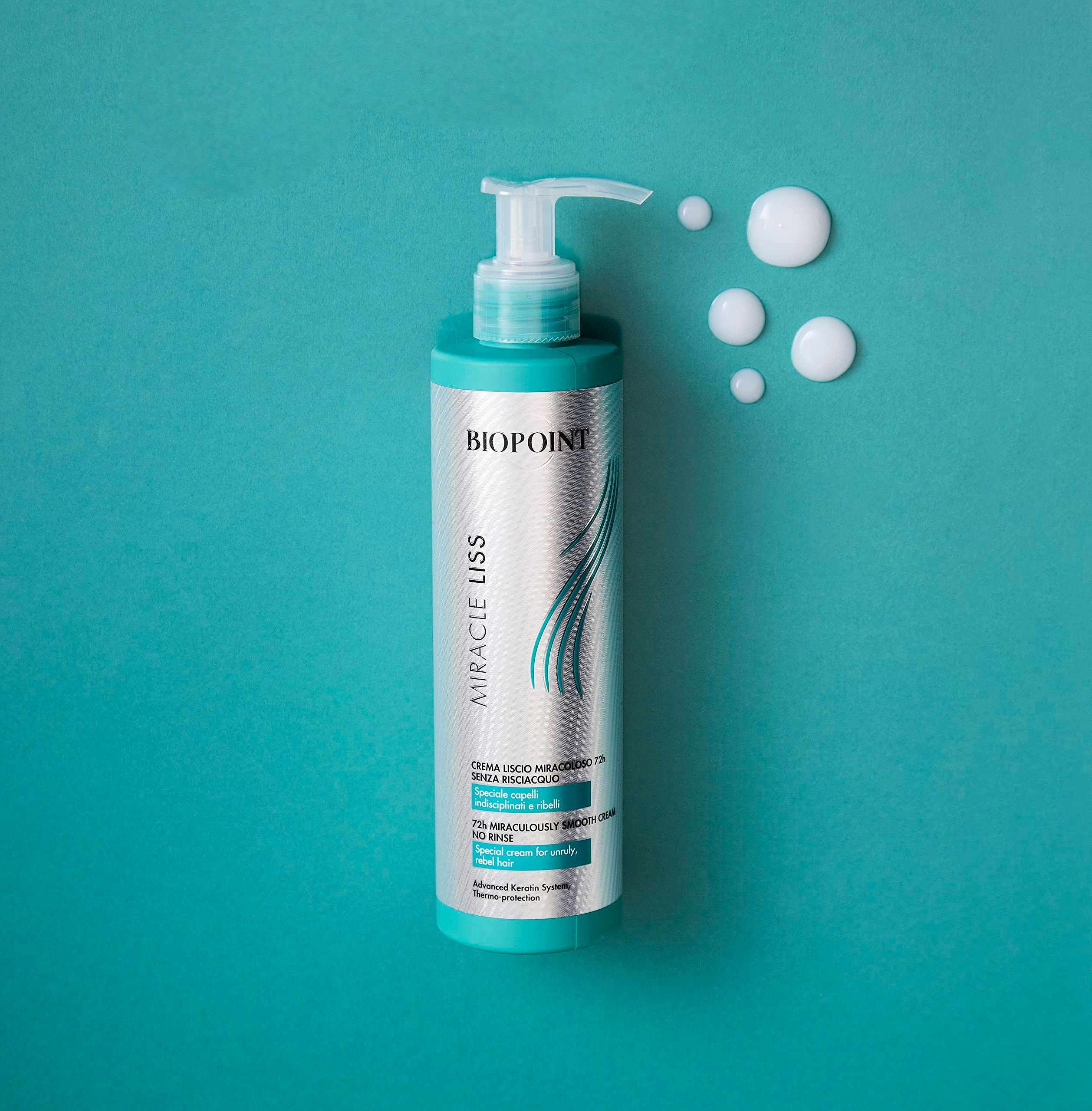 Flacone turchese con dosatore. Scritta BIOPOINT MIRACLE LISS. Testo: Crema liscia miracolosa 72H. Gocce bianche accanto. Su sfondo blu.