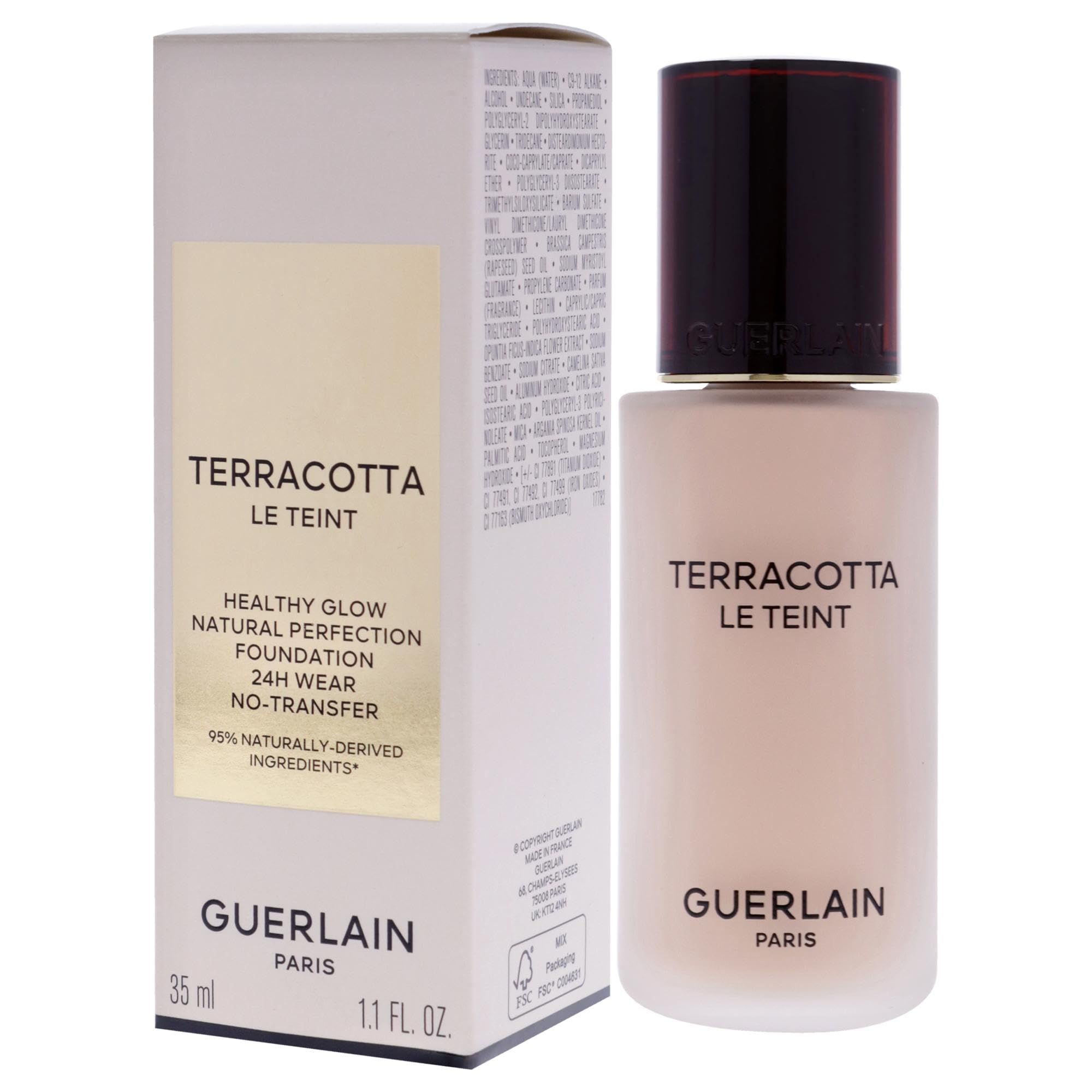 Fondotinta Guerlain Terracotta Le Teint. Flacone e confezione. 35 ml. 1.1 fl. oz. Scritta: Healthy Glow, 24H Wear, No-Transfer.