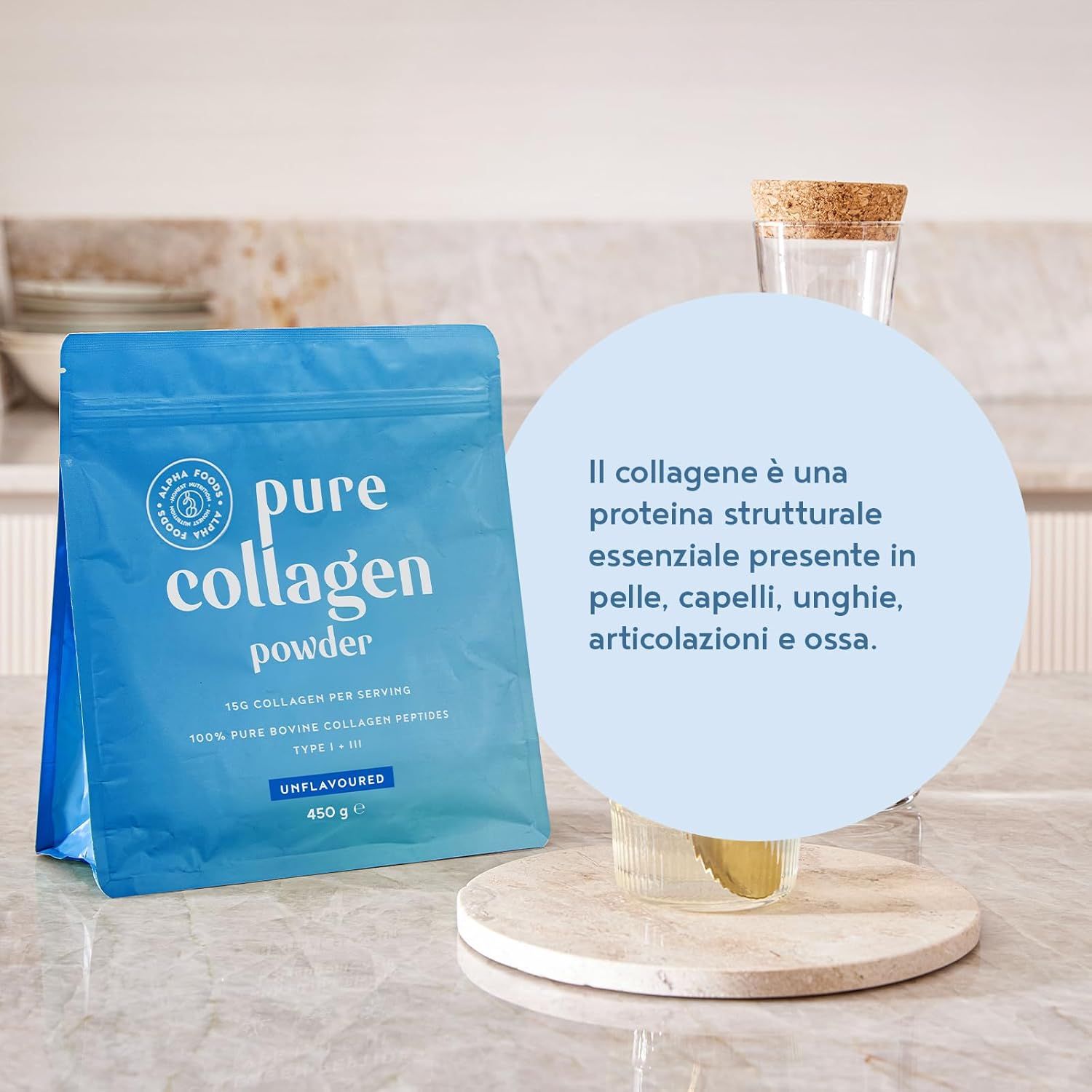 Busta blu con polvere di collagene. Testo: Pure Collagen Powder. 100% peptidi di collagene bovino puri.