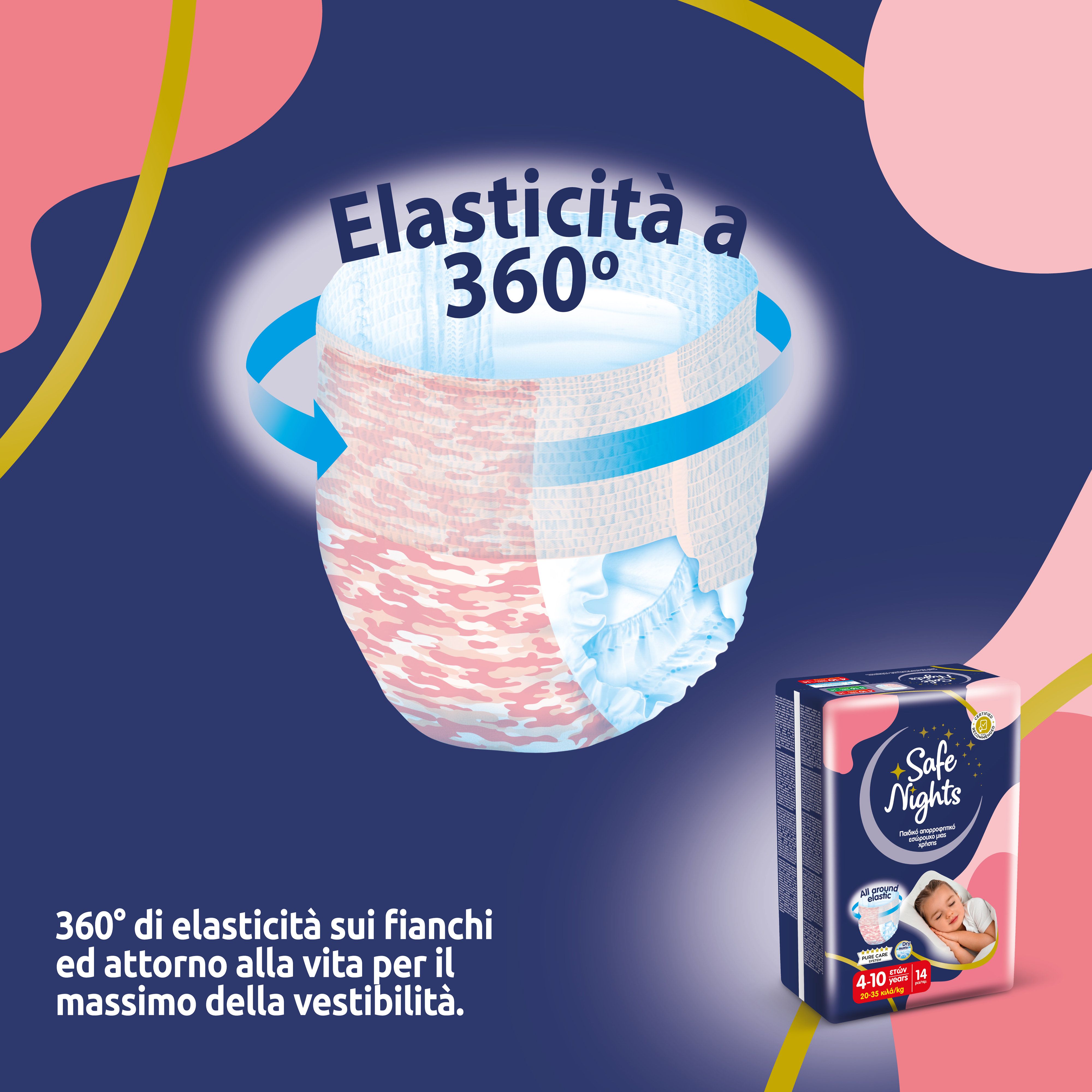 Pannolino con elasticità a 360°. Confezione del prodotto Babylino Safe Nights Girls Pants. Testo: Elasticità a 360°.