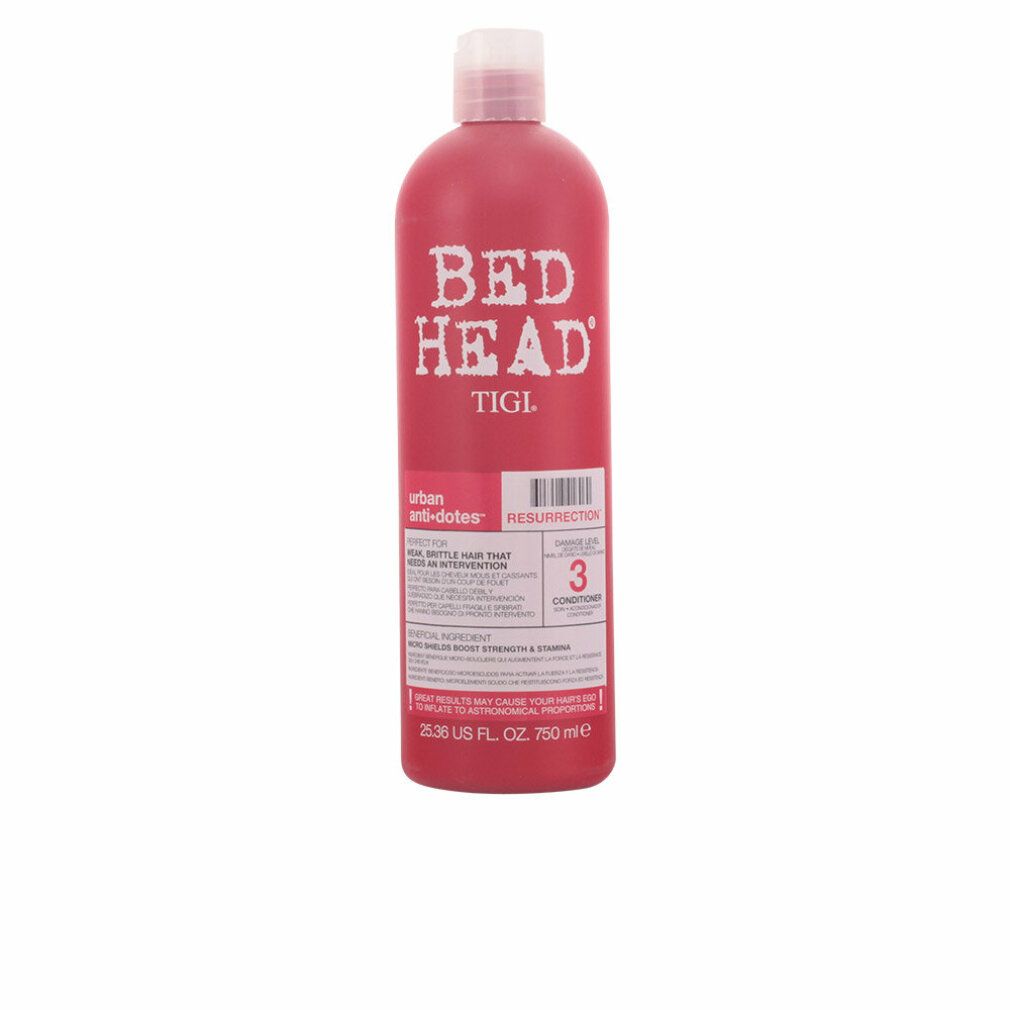 Flacone rosso con tappo bianco. Scritta Bed Head TIGI. Etichetta con informazioni prodotto. 750 ml.