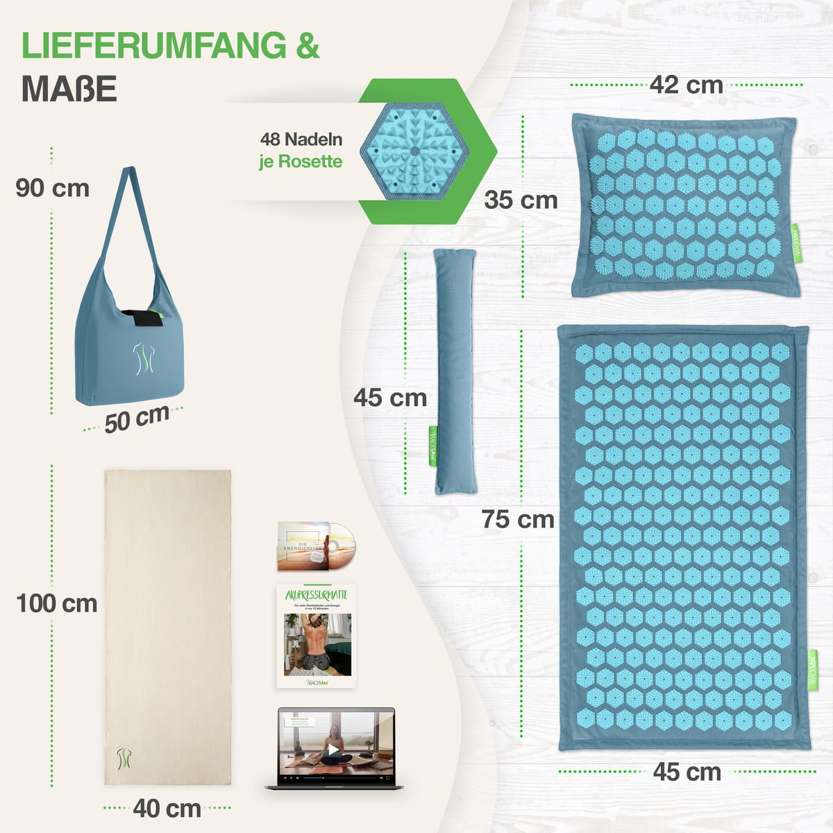 Set di tappetini per digitopressione. Include tappetino, cuscino, rullo, borsa, telo di cotone, DVD e brochure. Dimensioni: tappetino 100x45cm, cuscino 42x35cm, borsa 90x50cm.