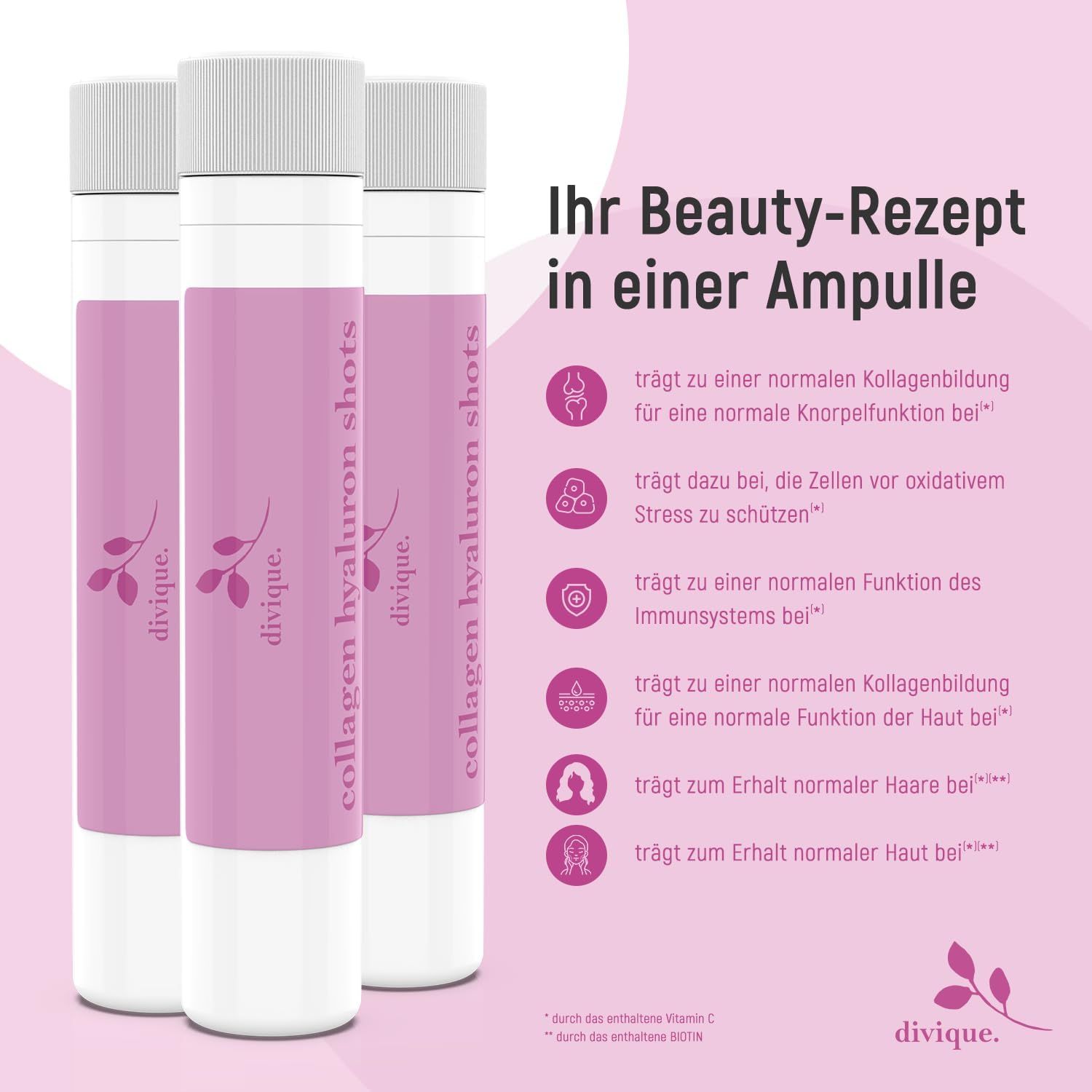 Tre fiale da bere con etichetta rosa, testo: Collagen Hyaluron Shots. Logo Divique. Testo: Ricetta di bellezza in fiala.