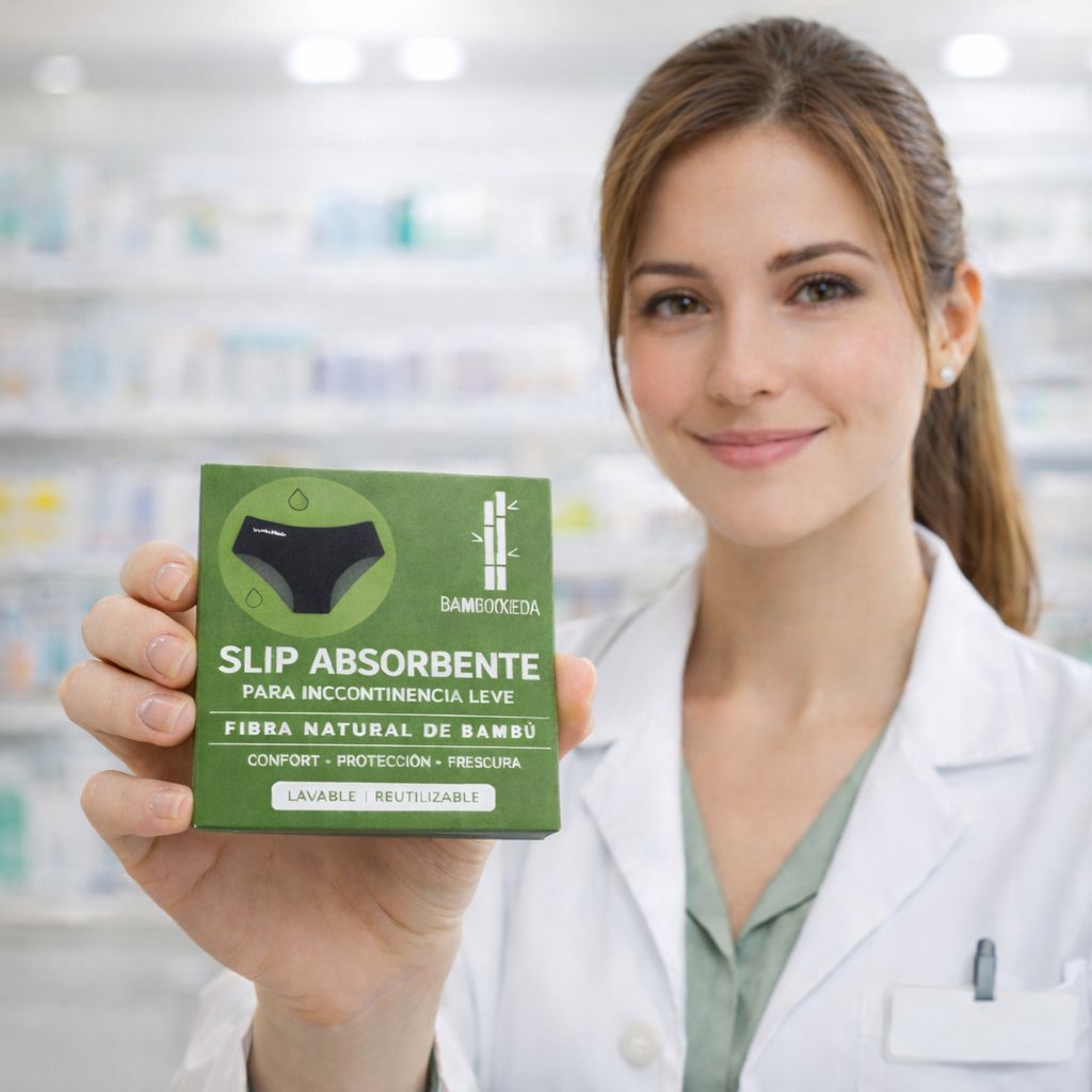 Farmacista tiene una confezione verde per slip assorbenti in fibra di bambù.