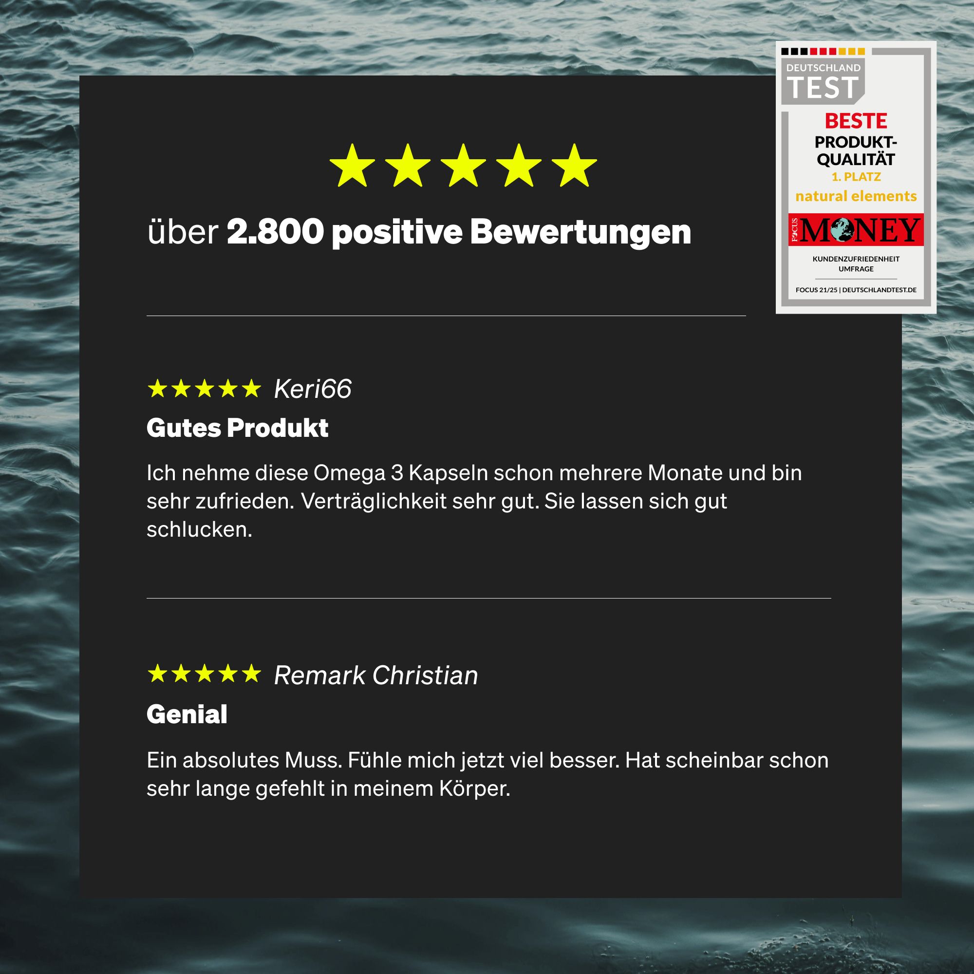 Recensioni dei clienti. Testo: Oltre 2.800 recensioni positive. Logo: Migliore qualità del prodotto.