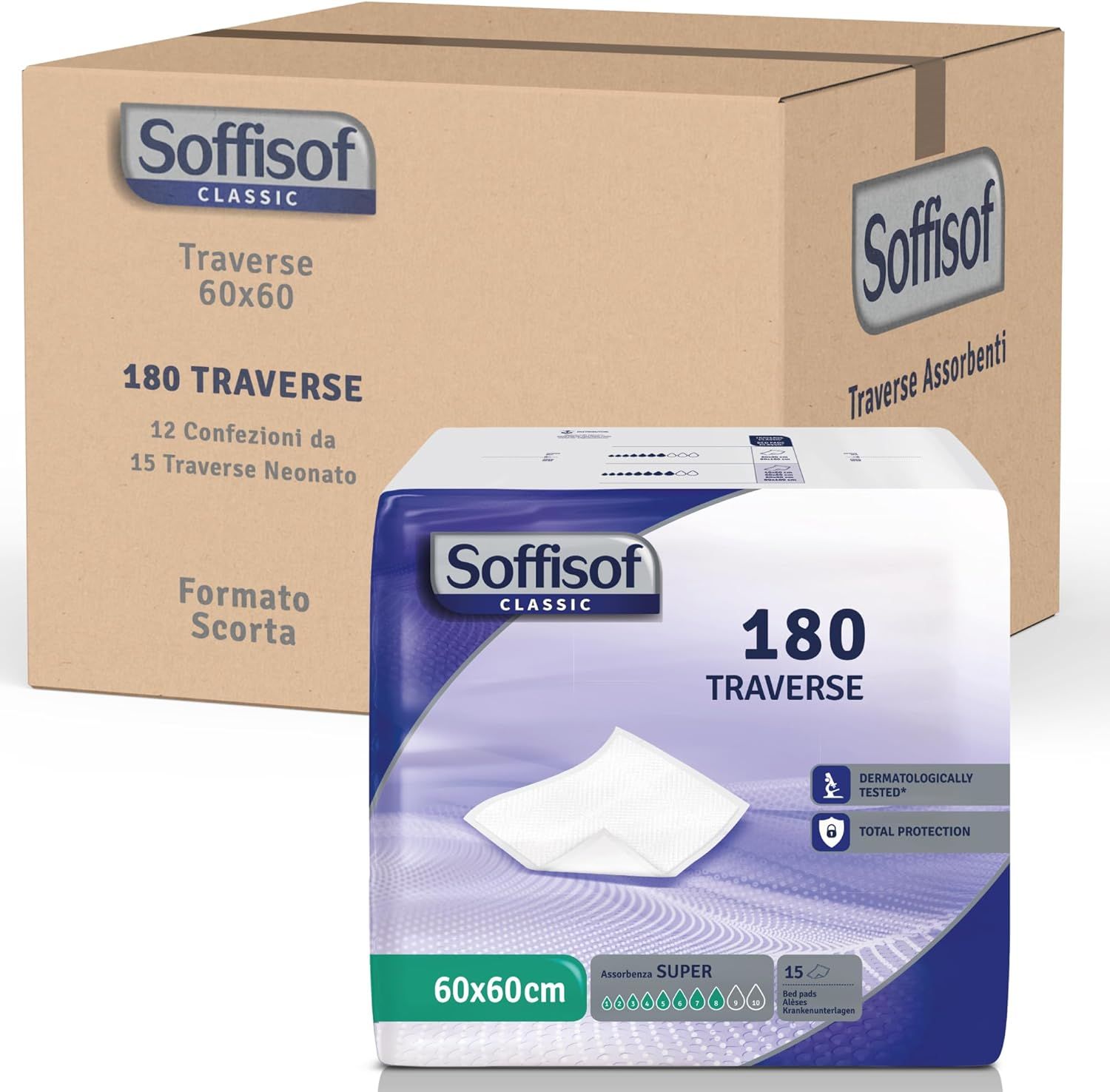 Confezione di sottolenzuola Soffisof Classic. 180 pezzi, 60x60cm. Dermatologicamente testato. Protezione totale. Imballaggio in cartone.
