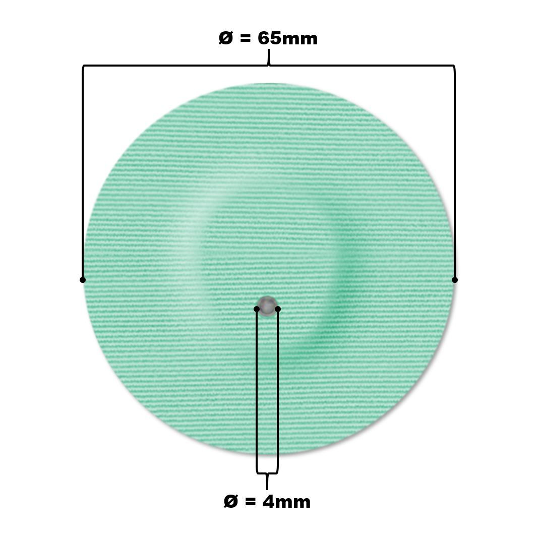 Cerotto rotondo verde chiaro con foro. Diametro 65mm, foro 4mm. Per dispositivi medici.