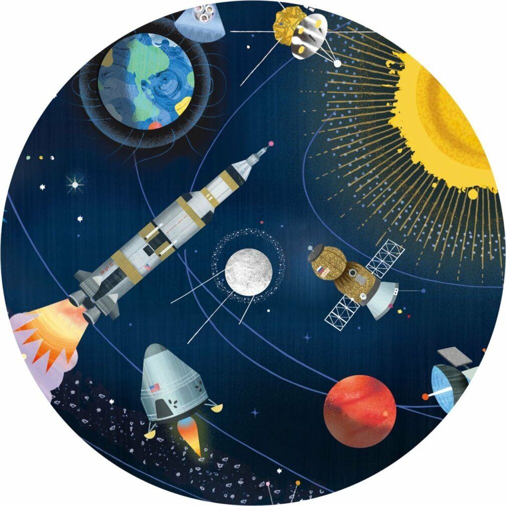 Puzzle rotondo con motivo dell'universo. Rappresentazione di pianeti, astronavi e del sole. Vista dettagliata.