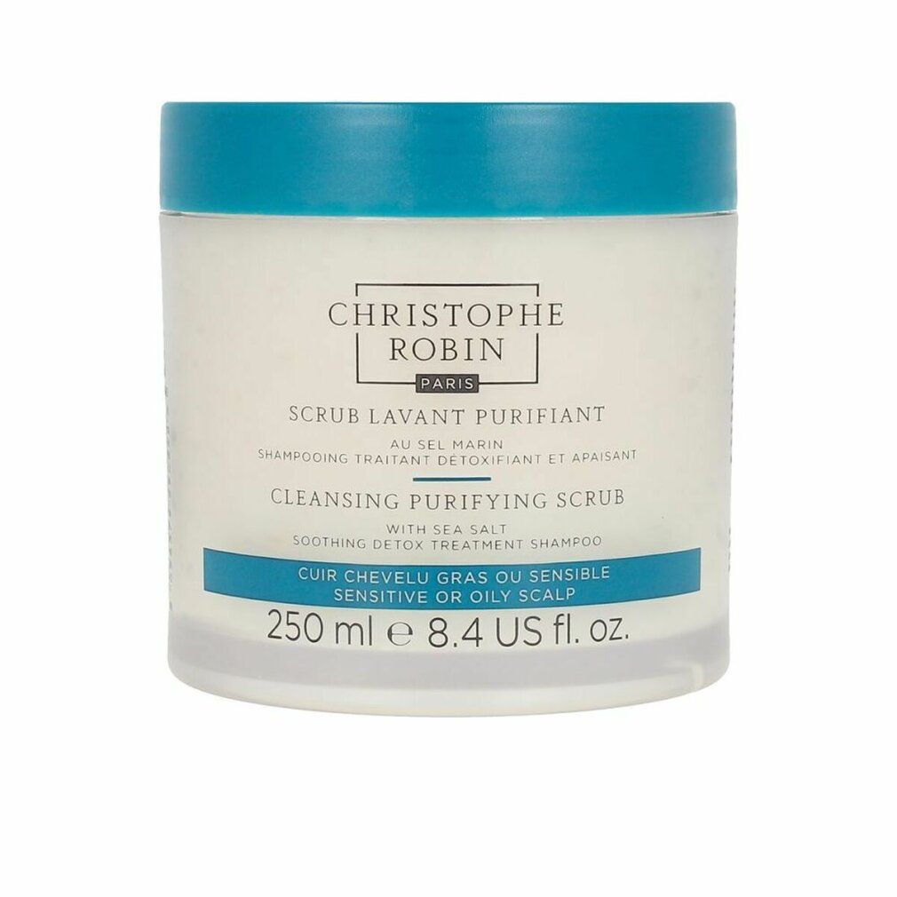 Contenitore con coperchio blu. Scritta: Christophe Robin, Scrub Lavant Purifiant, Cleansing Purifying Scrub, per cute grassa o sensibile. 250 ml.