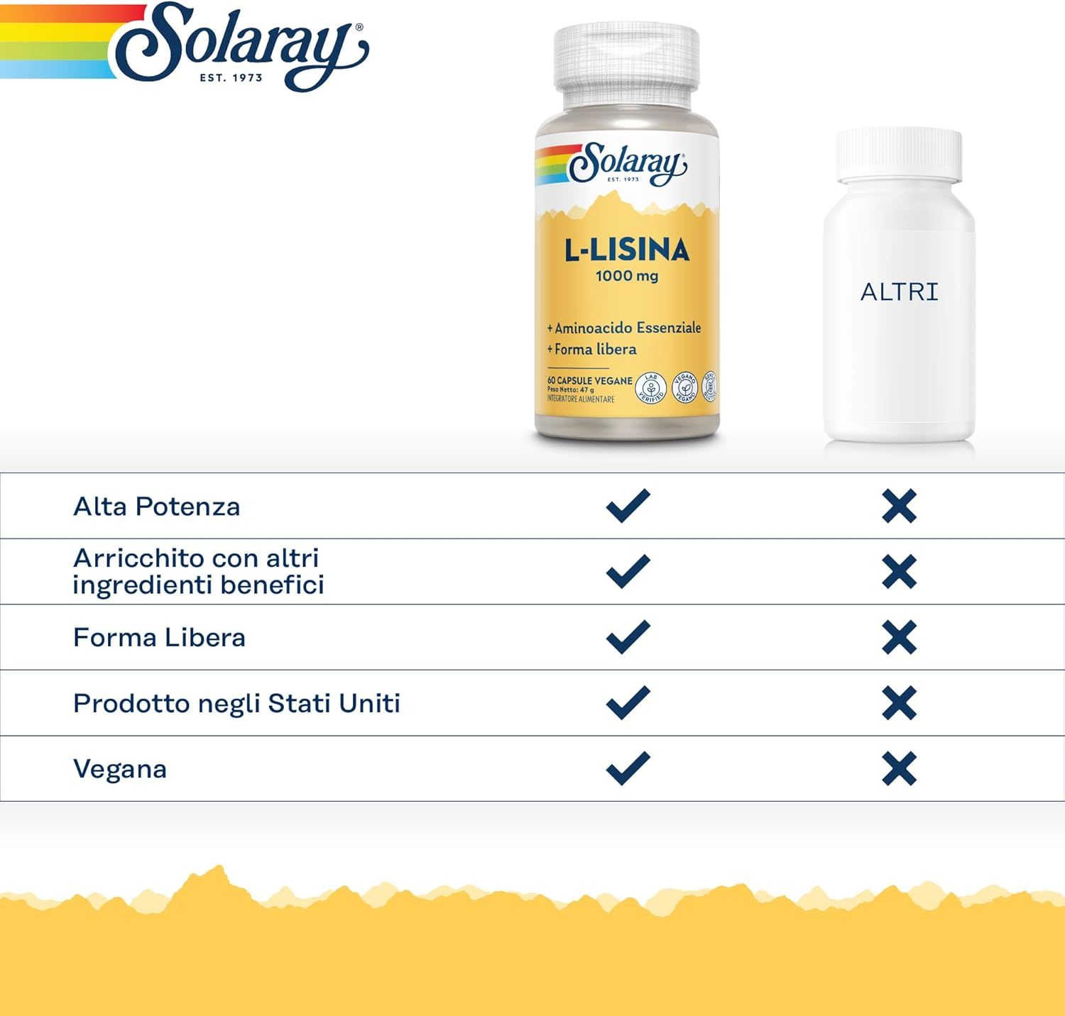 Tabella comparativa: Capsule Solaray L-Lisina vs. altre. Caratteristiche: Alta potenza, vegano, prodotto negli Stati Uniti.