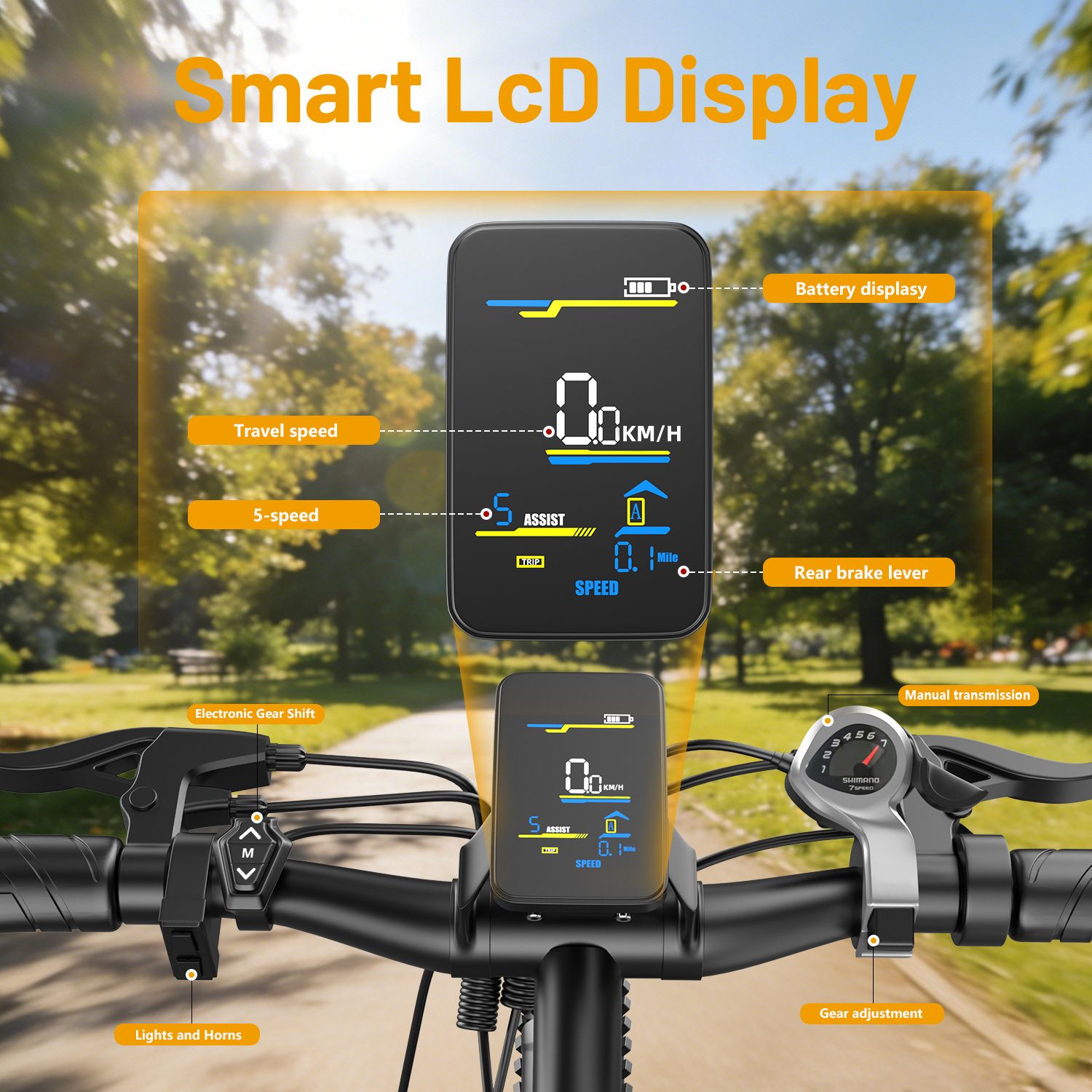 Manubrio della bici con display LCD intelligente. Mostra velocità, batteria, livello di assistenza. Comandi.
