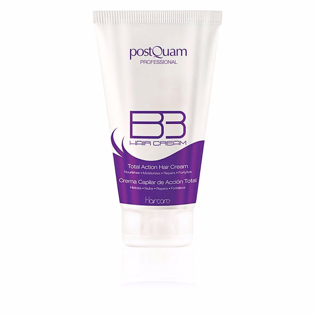Tubo bianco con dettagli viola. Scritta: Postquam Professional, BB Hair Cream, Total Action Hair Cream. Nome del prodotto e marchio visibili.
