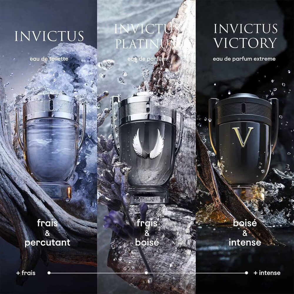 Tre flaconi INVICTUS: Eau de Toilette, Platinum Eau de Parfum, Victory Eau de Parfum Extreme. Effetti acqua e legno.