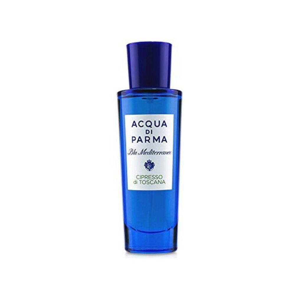 Flacone di vetro blu con tappo blu. L'etichetta riporta "Acqua di Parma Blu Mediterraneo Cipresso di Toscana".
