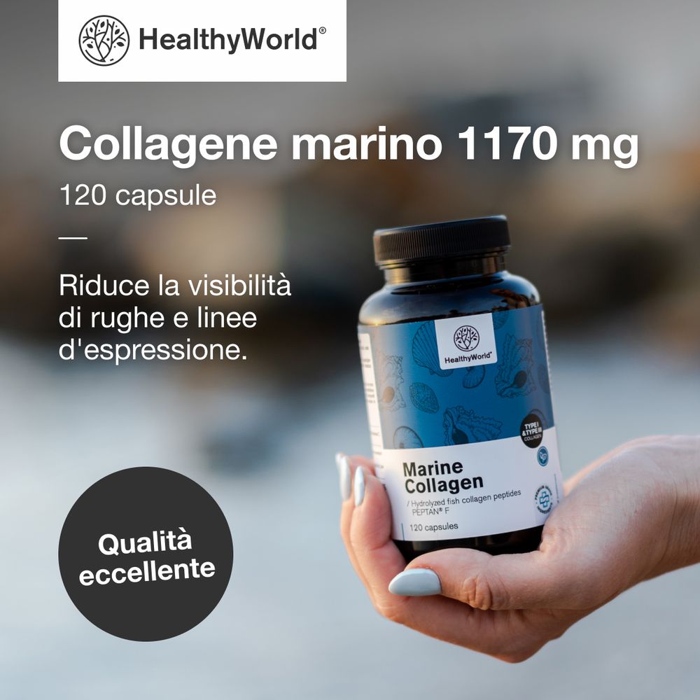 Flacone con testo: Collagene marino 1170 mg, 120 capsule. Logo: HealthyWorld. Donna tocca i capelli.
