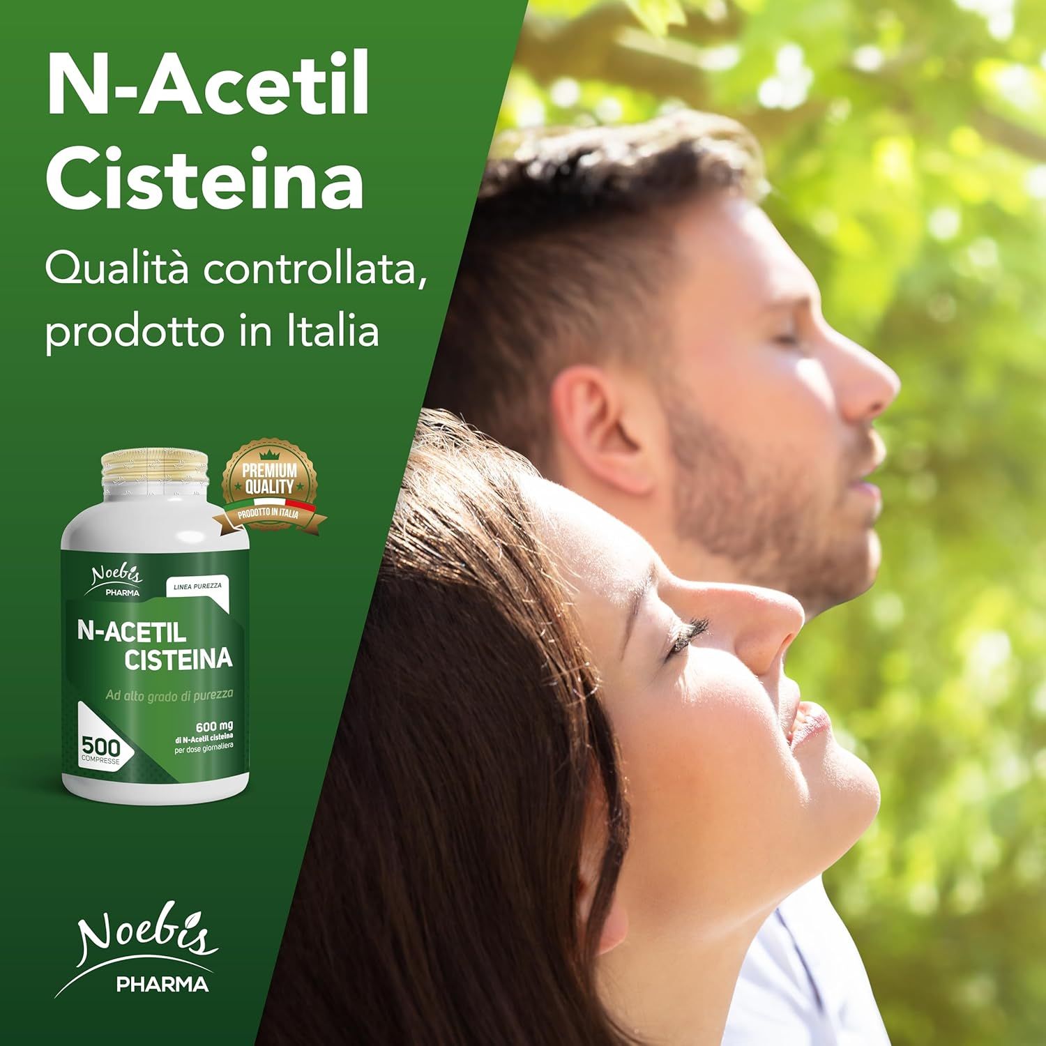 Flacone di Noebis Pharma N-Acetil Cisteina 600 mg, 500 compresse, accanto a una coppia che chiude gli occhi, con certificato di qualità.