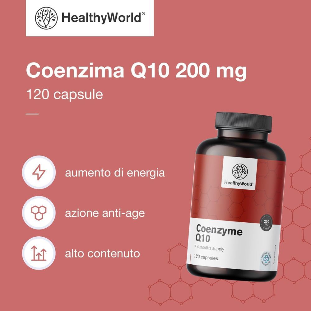 Flacone con testo: HealthyWorld, Coenzima Q10, 200 mg, 120 capsule. Simboli: Energia, anti-età, alto contenuto.