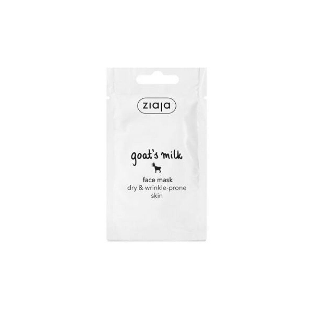 Maschera viso Ziaja in confezione singola bianca. Scritta: goat's milk, face mask, dry & wrinkle-prone skin. Marchio Ziaja.