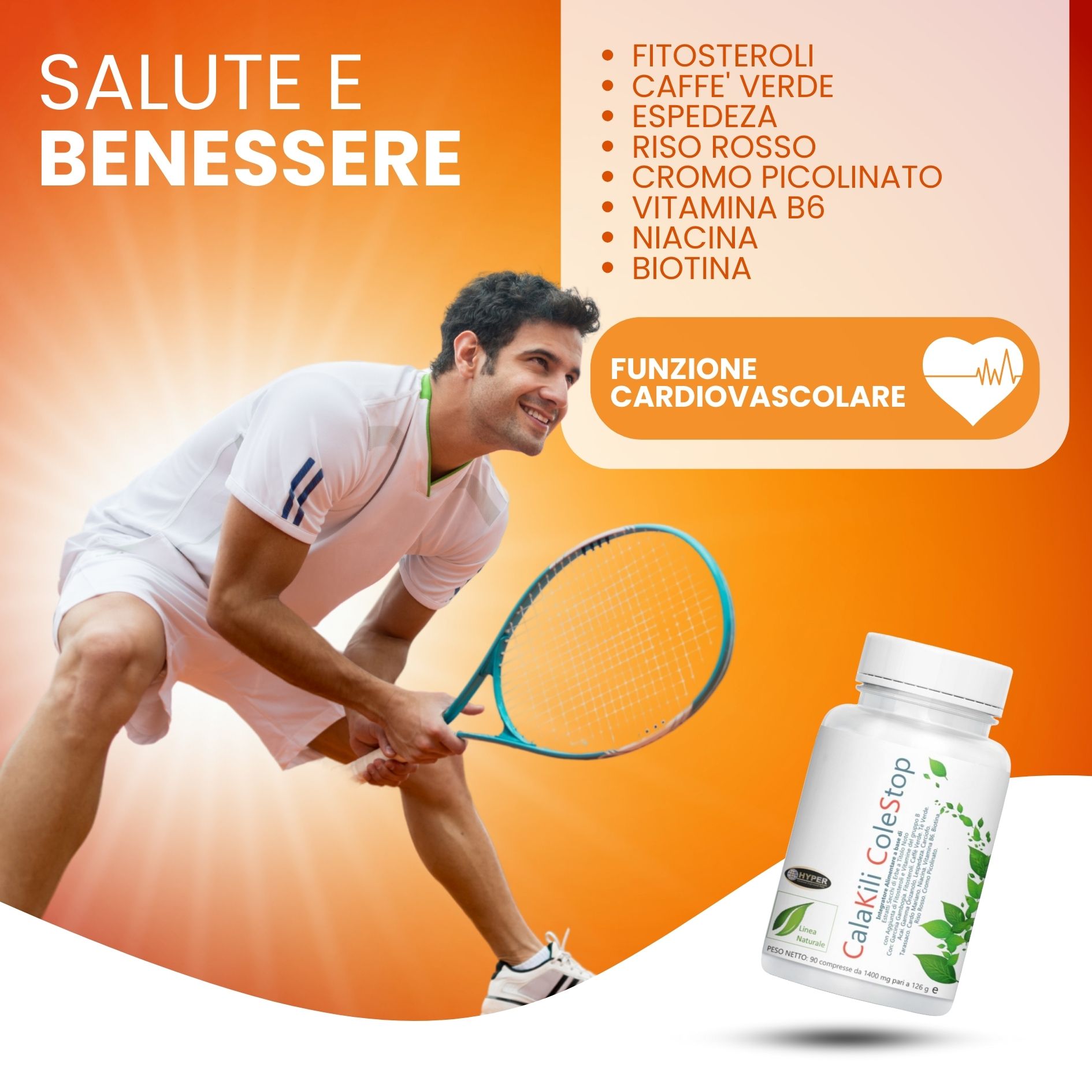 Flacone bianco di capsule. Scritta: CalaKili ColeStop. Uomo gioca a tennis. Testo: Salute e benessere. Sfondo: arancione.