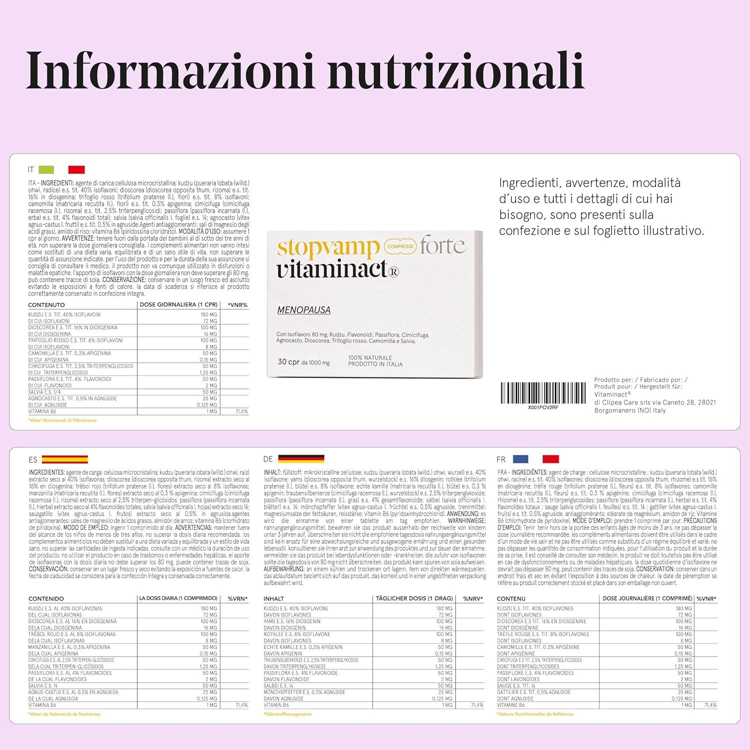 Infografica con informazioni nutrizionali. Contiene un'immagine della confezione del prodotto "stopvamp forte vitaminact".