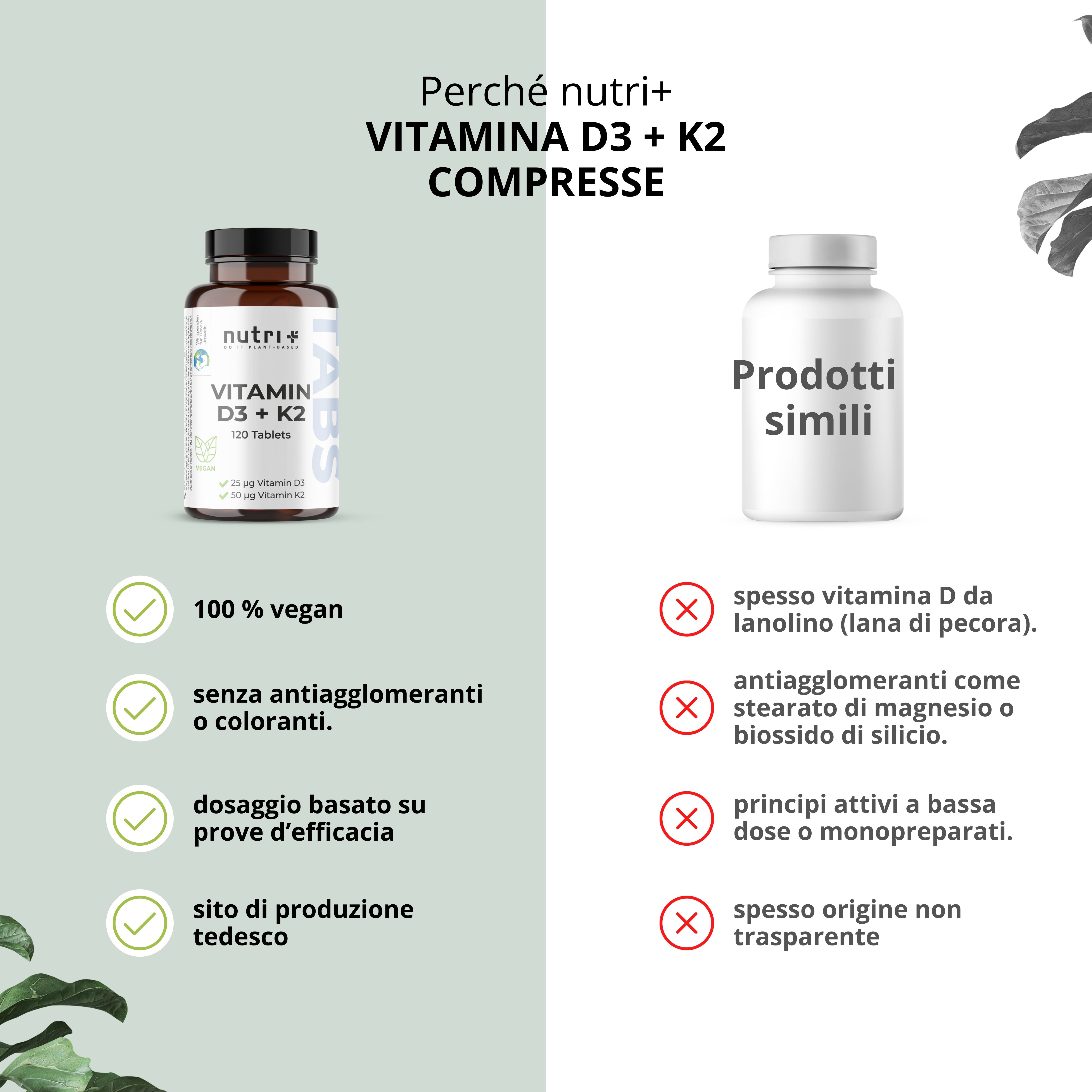 Confronto: nutri+ Vitamina D3 + K2 compresse vs. prodotti simili. Vantaggi: vegano, senza additivi, basato sull'evidenza, produzione tedesca.