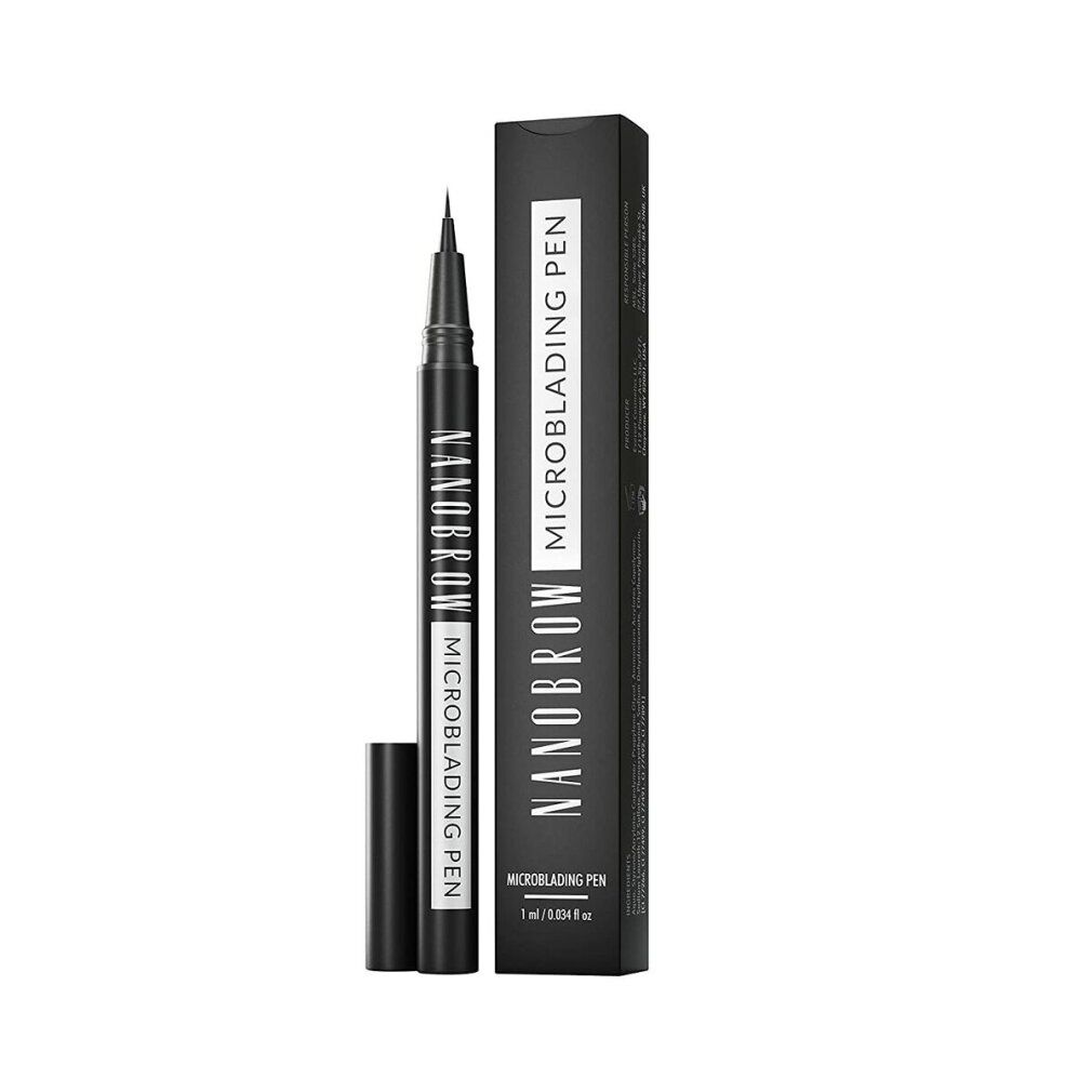 Penna nera "Nanobrow Microblading Pen" con cappuccio nero. Confezione nera con nome e dettagli del prodotto.