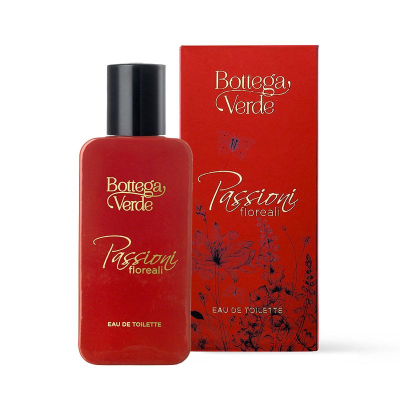 Flacone rosso con tappo nero e confezione rossa. Scritte: Bottega Verde, Passioni floreali, Eau de Toilette.