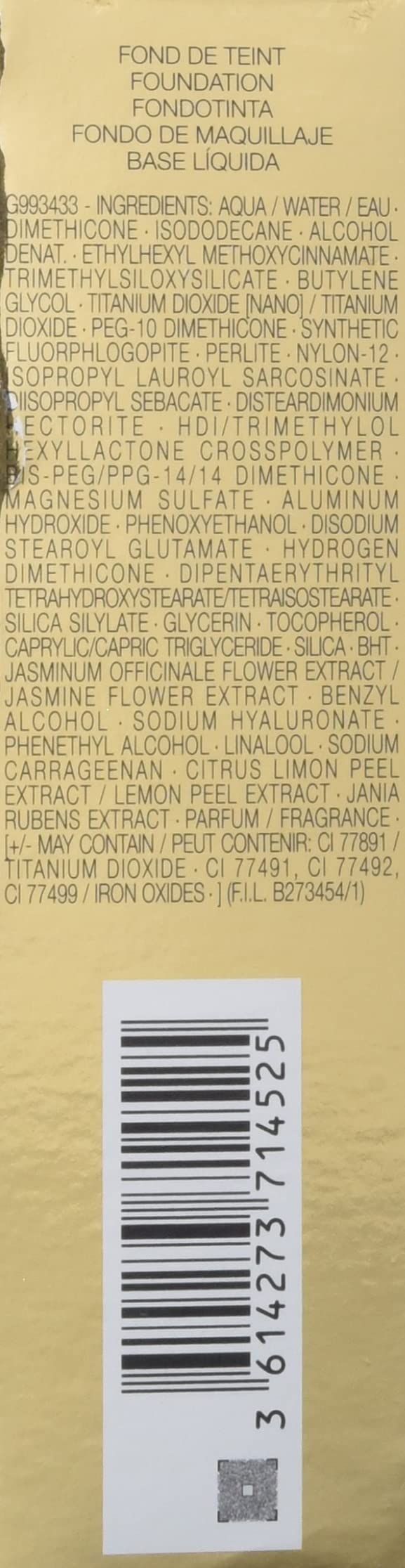 Vista dettagliata del flacone di Yves Saint Laurent Fondotinta per Tutte le Ore MN10. Nome del prodotto e logo.