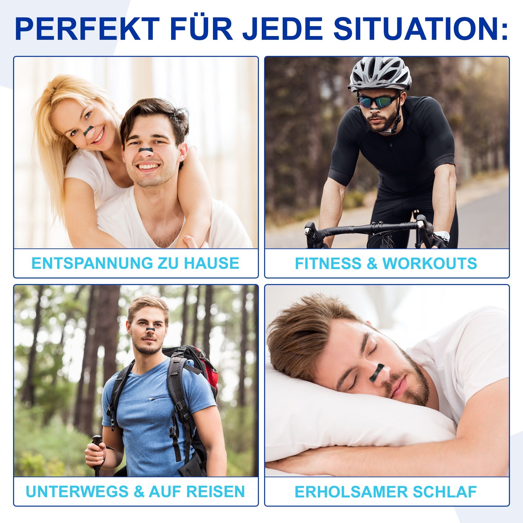 Esempi di utilizzo: Relax a casa, fitness e allenamenti, in viaggio e in viaggio, sonno ristoratore. Persone con strisce nasali.