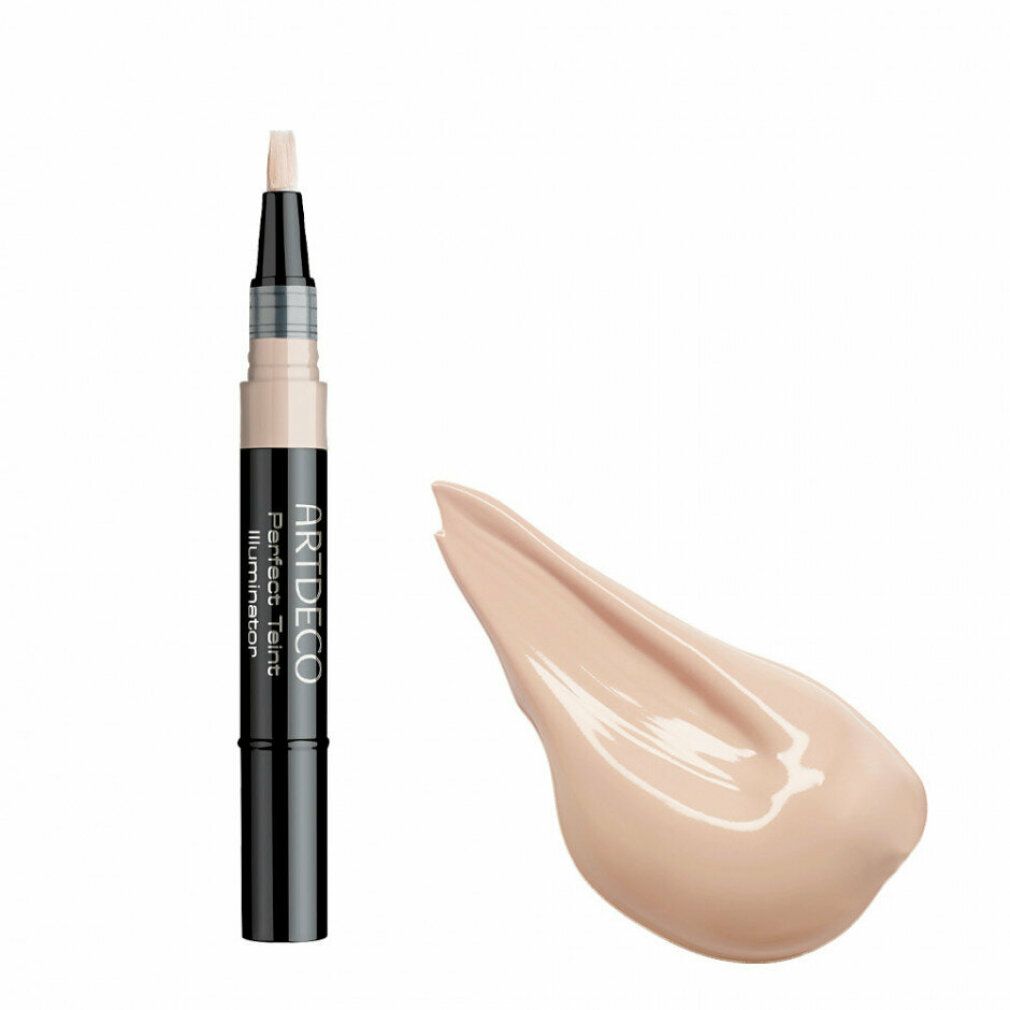 Artdeco Perfect Teint Illuminator e macchia. Penna nera, liquido rosa, applicatore e macchia. Marchio e nome visibili.