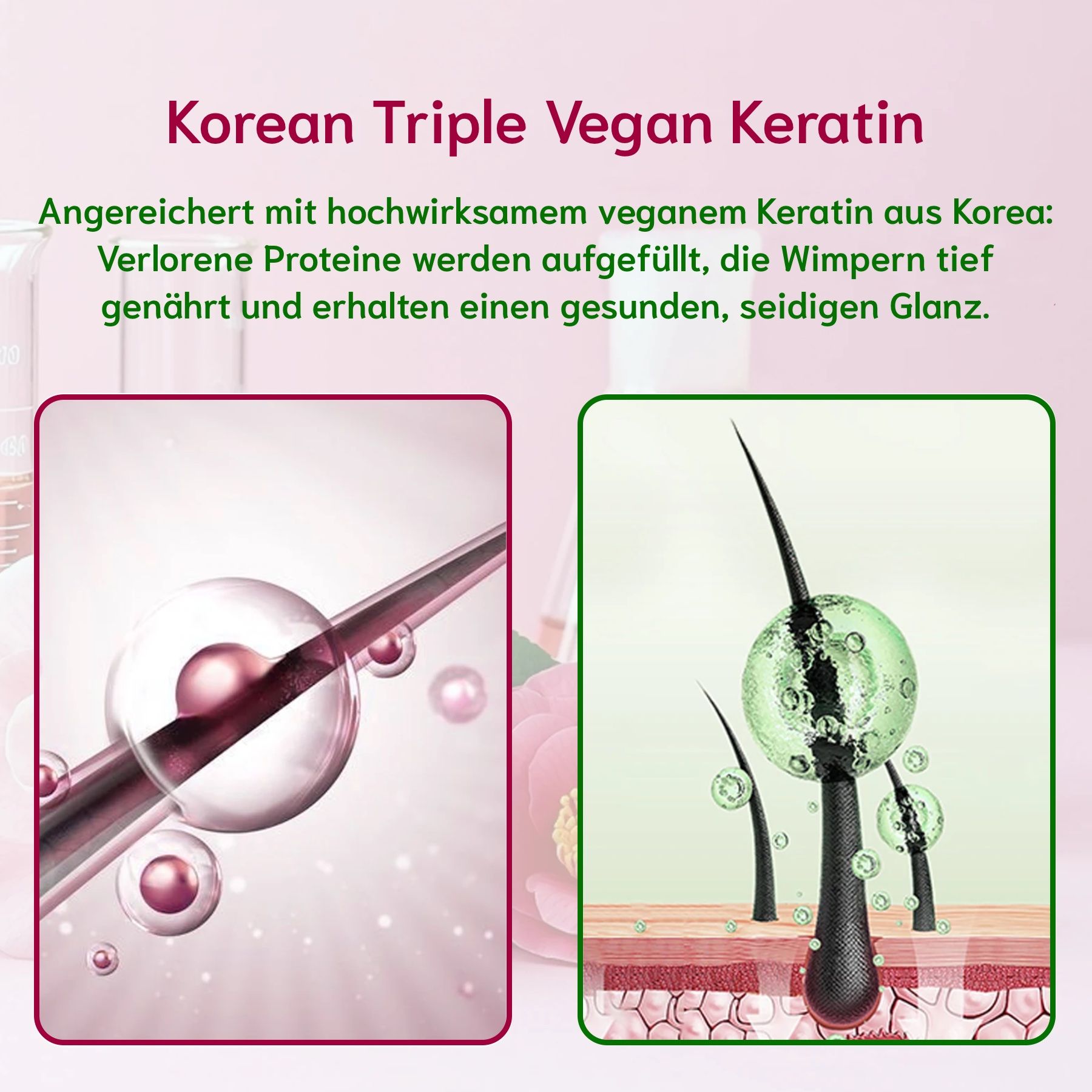 Due immagini con dettagli dei capelli. Descrive la cheratina vegana dalla Corea. Marchio: Iconsign.