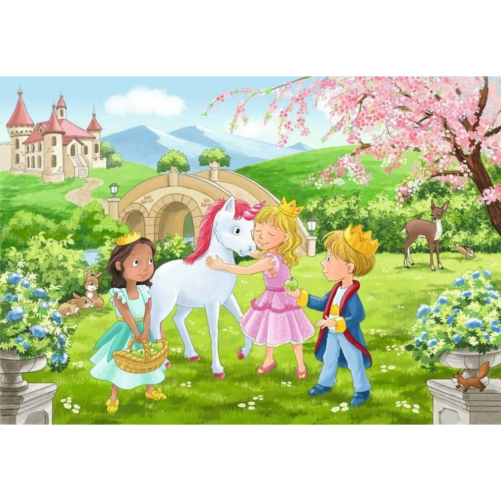 Puzzle: ragazze e ragazzo con unicorno in un giardino. Castello, ponte, fiori, alberi sullo sfondo.
