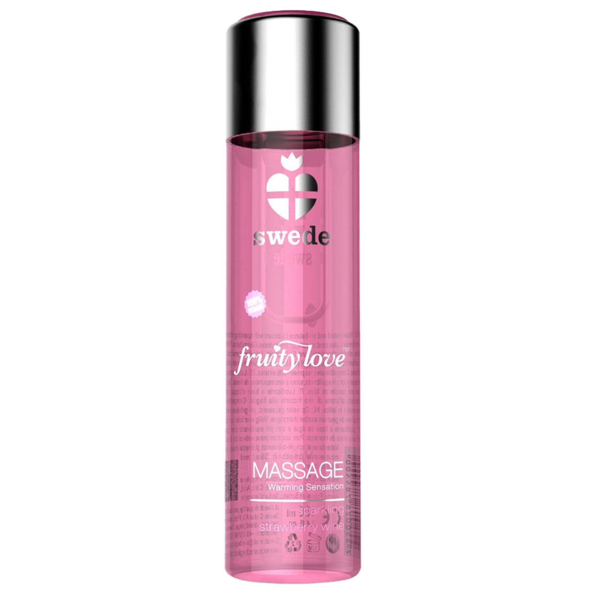 Flacone rosa con tappo argentato. Scritte: Swede, Fruity Love, Massage.