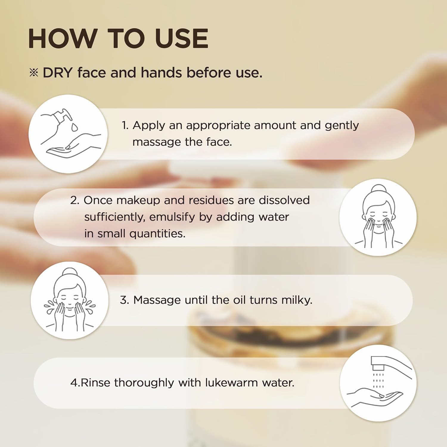 Skin1004 Madagascar Centella Light Cleansing Oil. Illustrazioni per l'uso del prodotto.