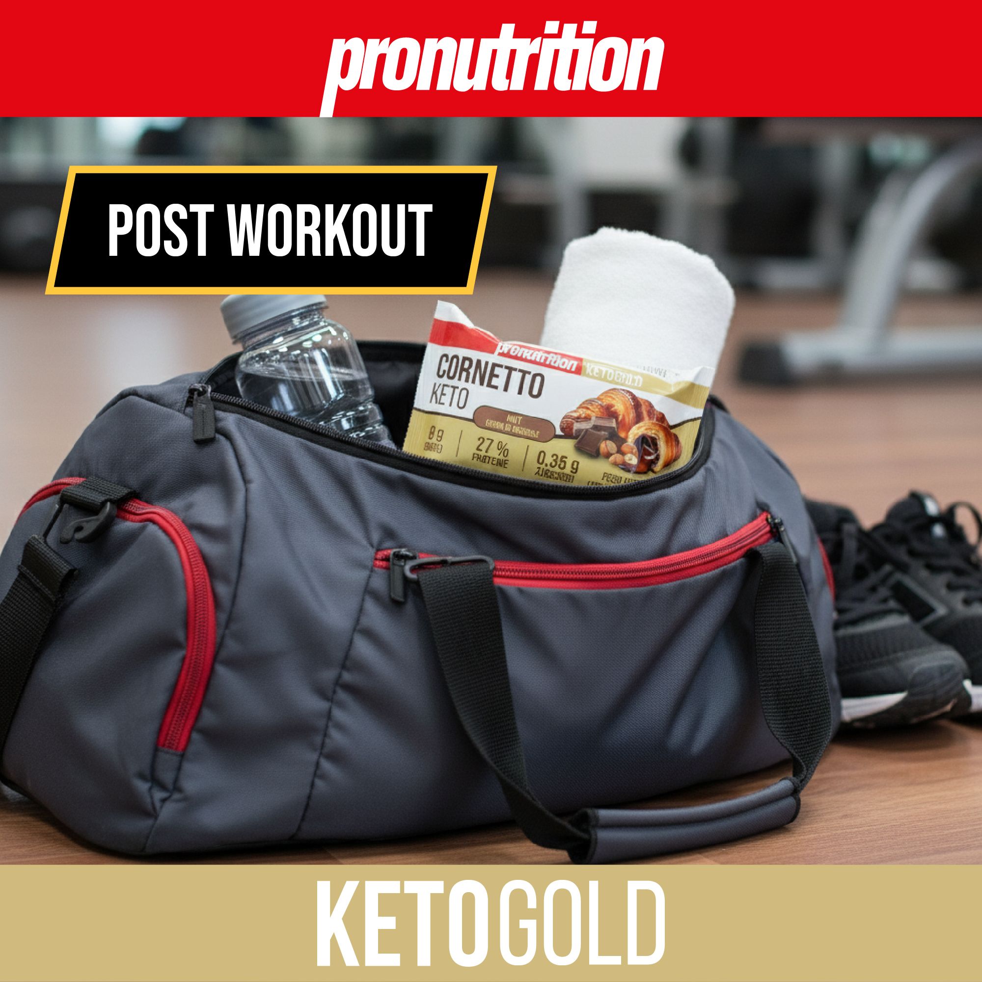Cornetto Keto in una borsa sportiva con borraccia e asciugamano. Testo: POST WORKOUT, KETOGOLD.