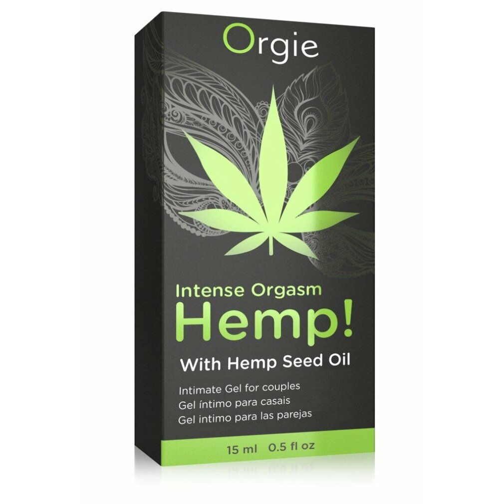 Confezione nera con logo verde e testo: Orgie, Intense Orgasm Hemp!, simbolo foglia di canapa. Gel intimo per coppie. 15 ml.