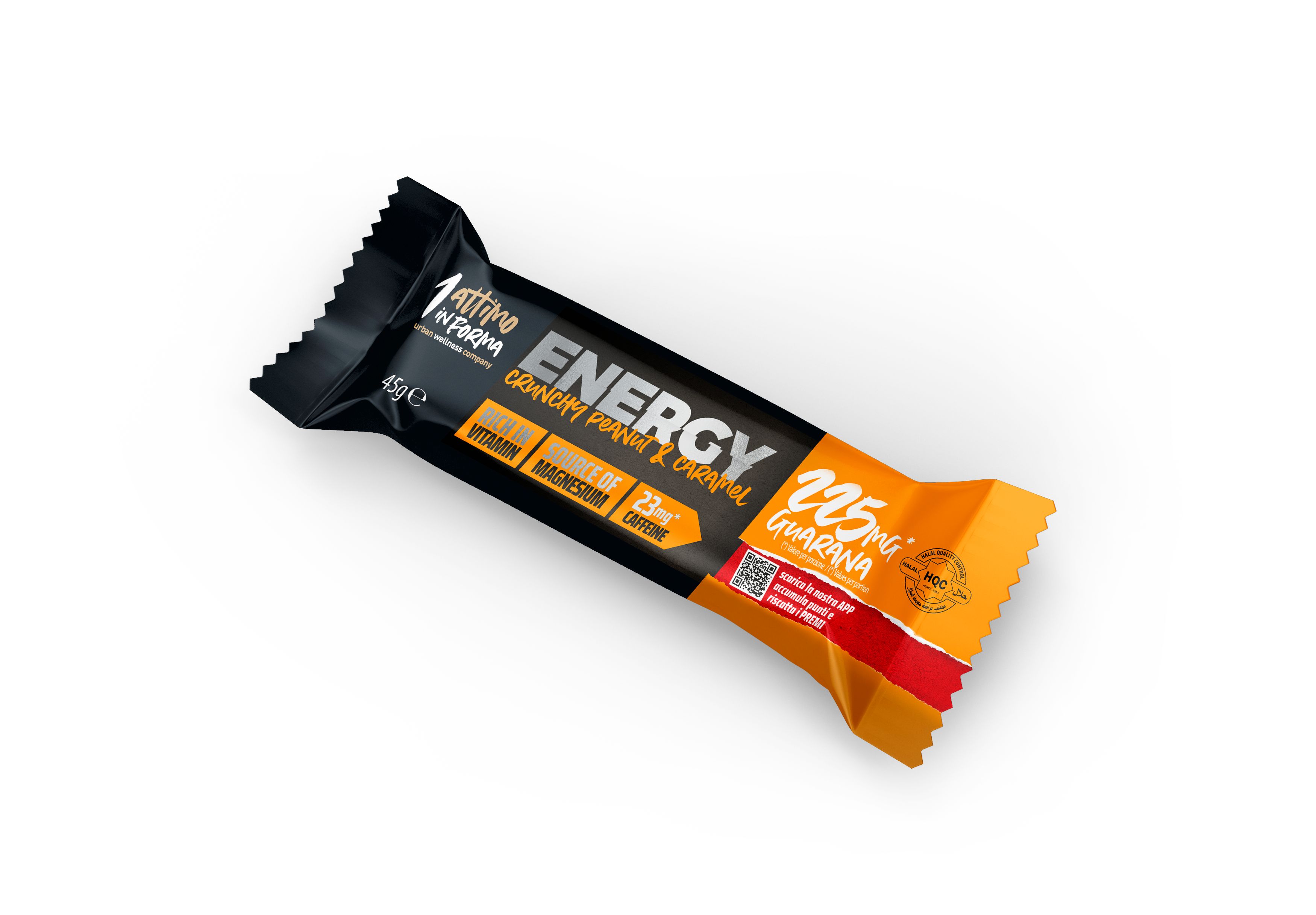 Barretta ENERGY Crunchy con 225mg di Guaranà, cioccolato, arachidi e caramello.