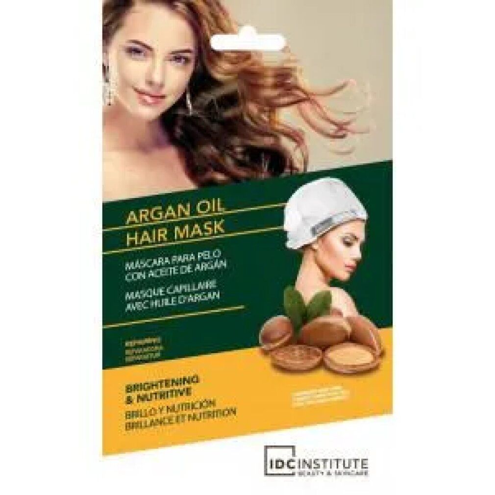 Confezione maschera per capelli con donna, illustrazioni olio di argan e testo. Marca: IDC Institute.