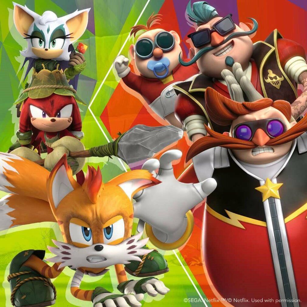 Illustrazione di personaggi di Sonic. Include Tails, Knuckles, Rouge, Dr. Eggman e altri personaggi.