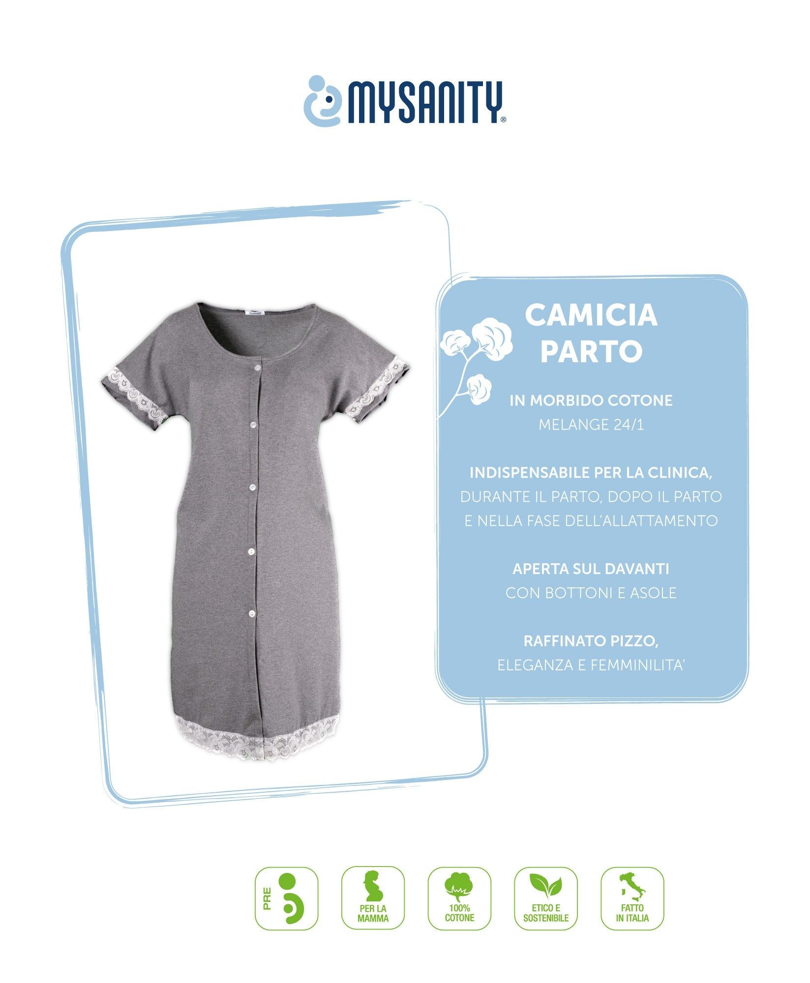 Camicia parto grigio mélange con pizzo. Immagine del prodotto con pannello informativo. Marchio MYSANITY. Testo in italiano.