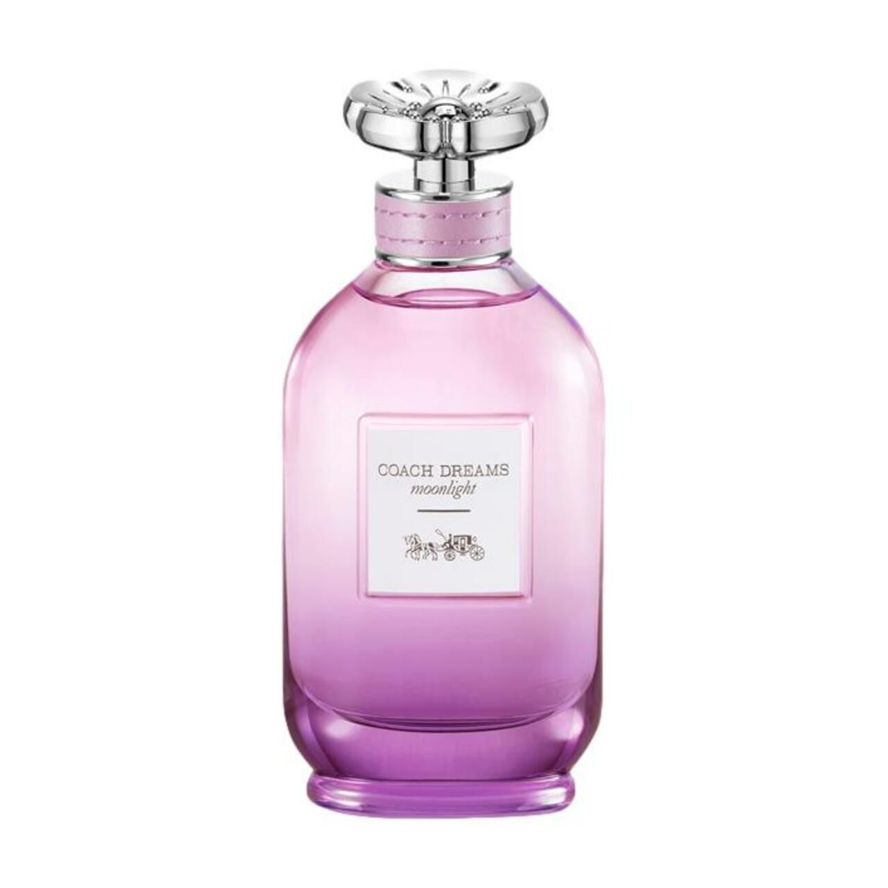 Flacone rotondo, rosa-viola. Tappo argentato. Testo: Coach Dreams Moonlight. Logo: carrozza. Scritta: Eau de Parfum.