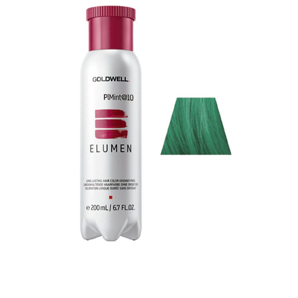 Flacone di tinta per capelli, etichetta bianca, tappo rosso. Testo: GOLDWELL, PiMint@10, ELUMEN. Campione colore: verde.