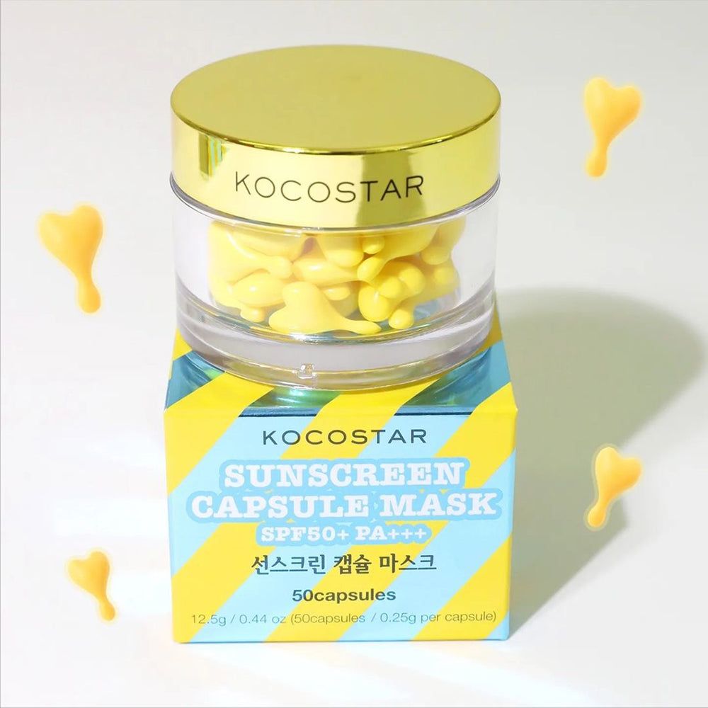 Confezione del prodotto con scritta KOCOSTAR Sunscreen Capsule Mask. 50 capsule. Capsule gialle.