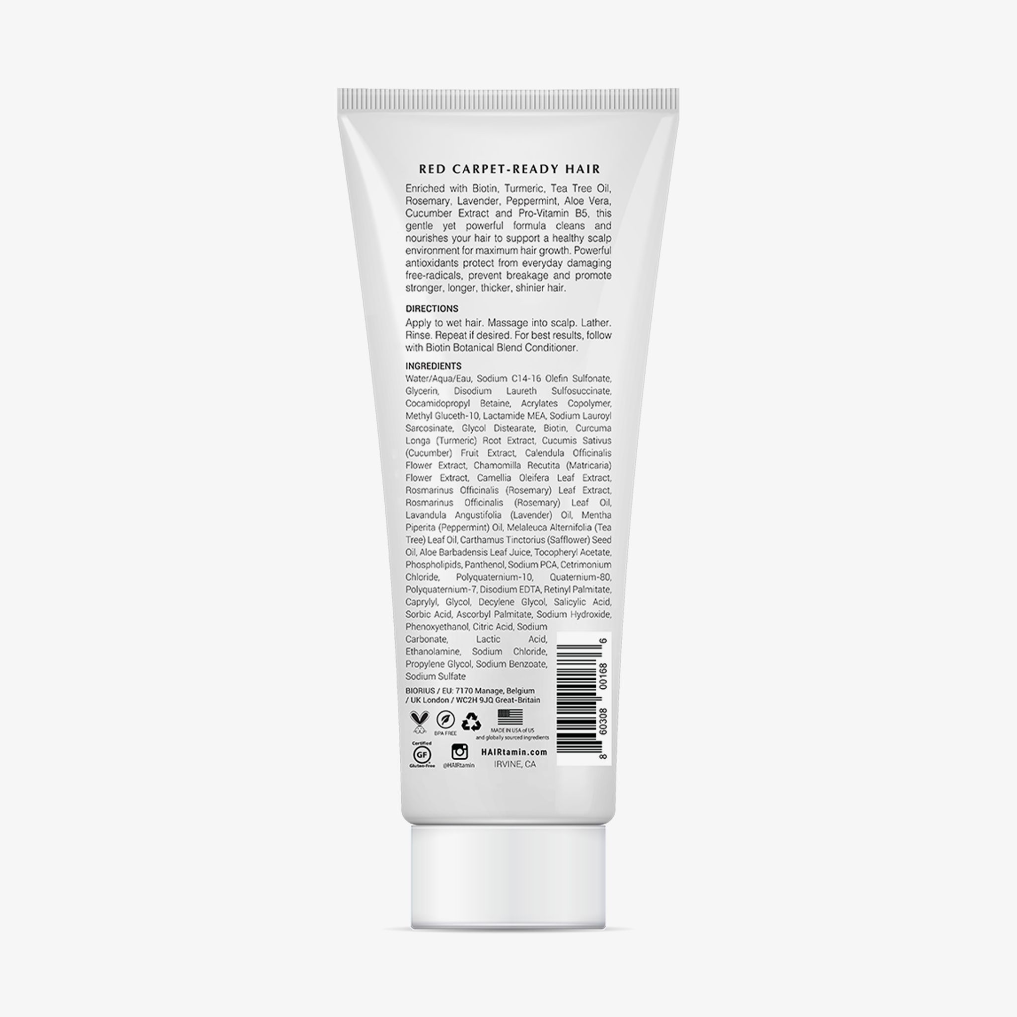 Retro di un tubo bianco. Testo: "RED CARPET-READY HAIR". Ingredienti e istruzioni. Loghi: Vegan, Cruelty-Free, B Corp.