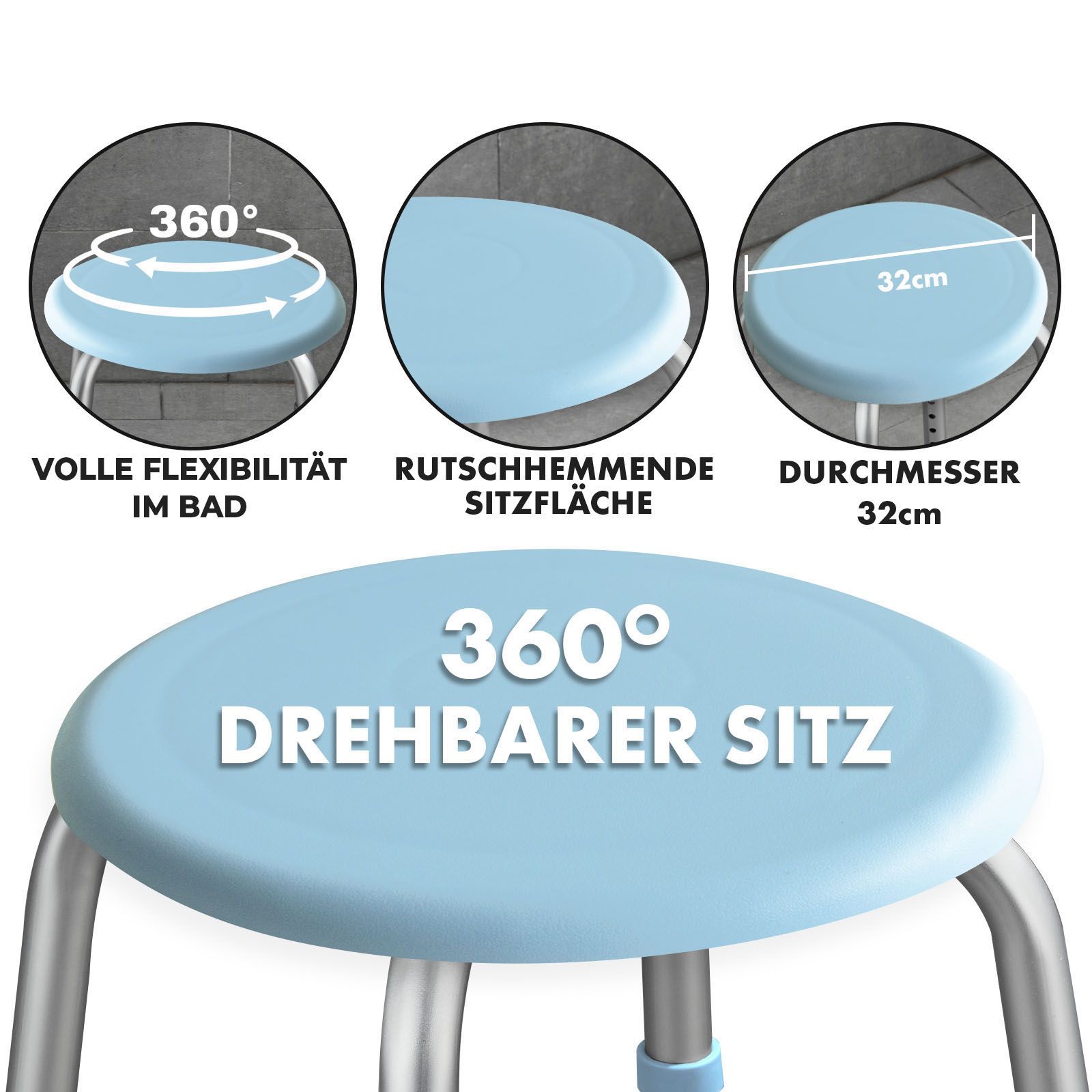 Sgabello doccia con sedile girevole. Diametro 32cm. Superficie antiscivolo. Girevole 360°.