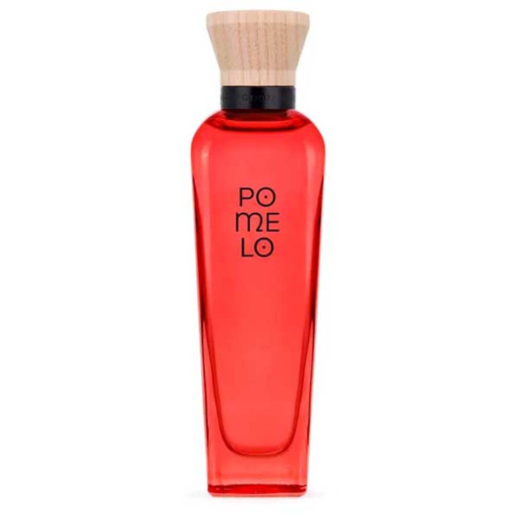 Flacone rosso con tappo in legno. Scritta: POMELO. Anello nero sul collo.