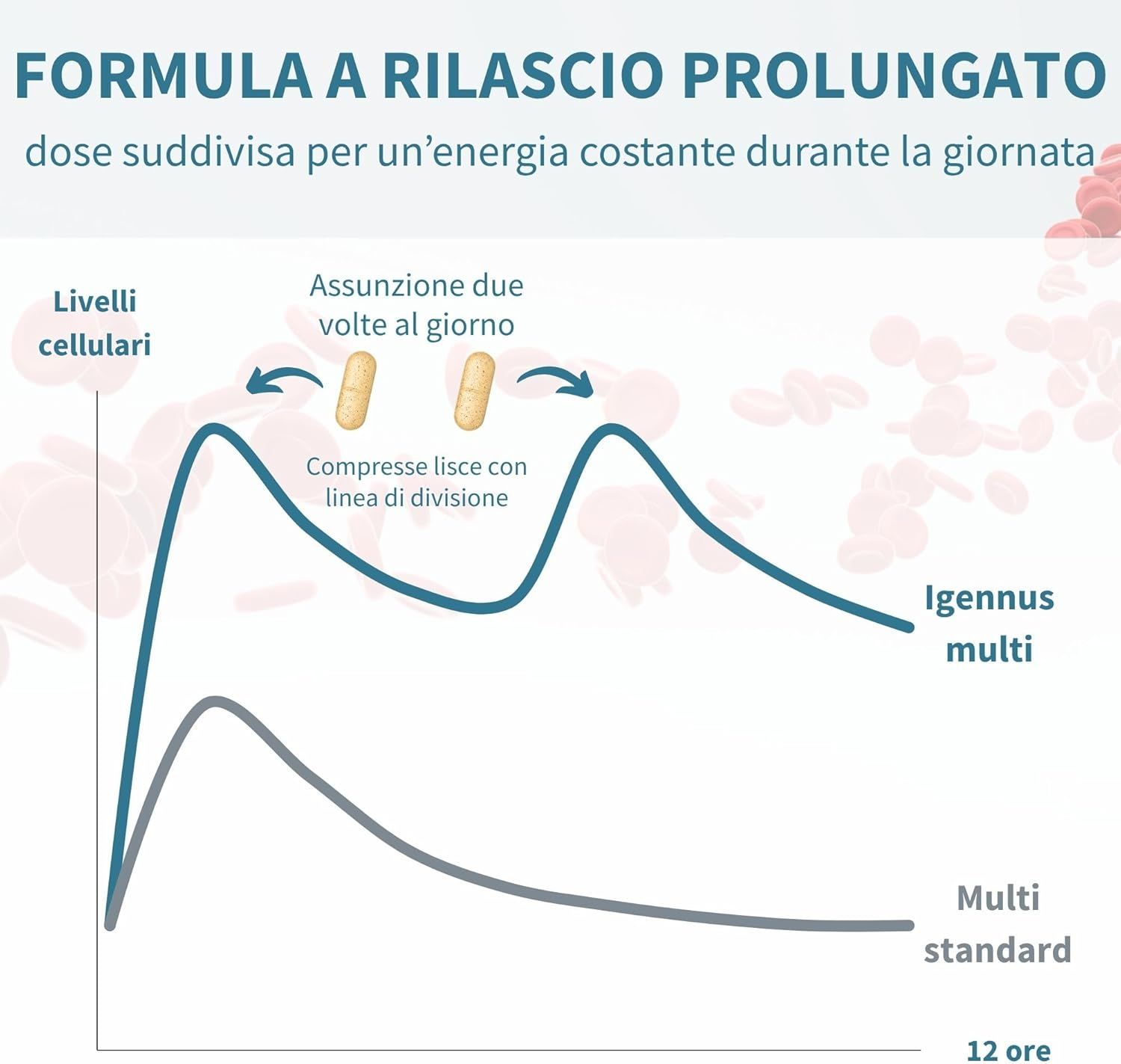 Grafico che mostra la formula a rilascio prolungato di multivitaminici rispetto ai multivitaminici standard per 12 ore. Didascalia in italiano.