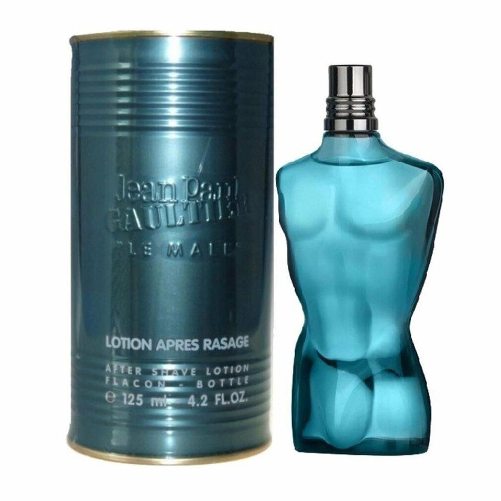 Flacone e latta. Scritta: Jean Paul Gaultier, Lotion Après Rasage. Flacone a forma di torso, latta cilindrica.