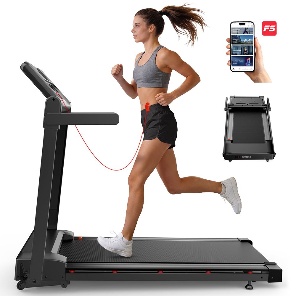 Donna che corre su tapis roulant nero. Smartphone con display app. Piccolo tapis roulant piegato.